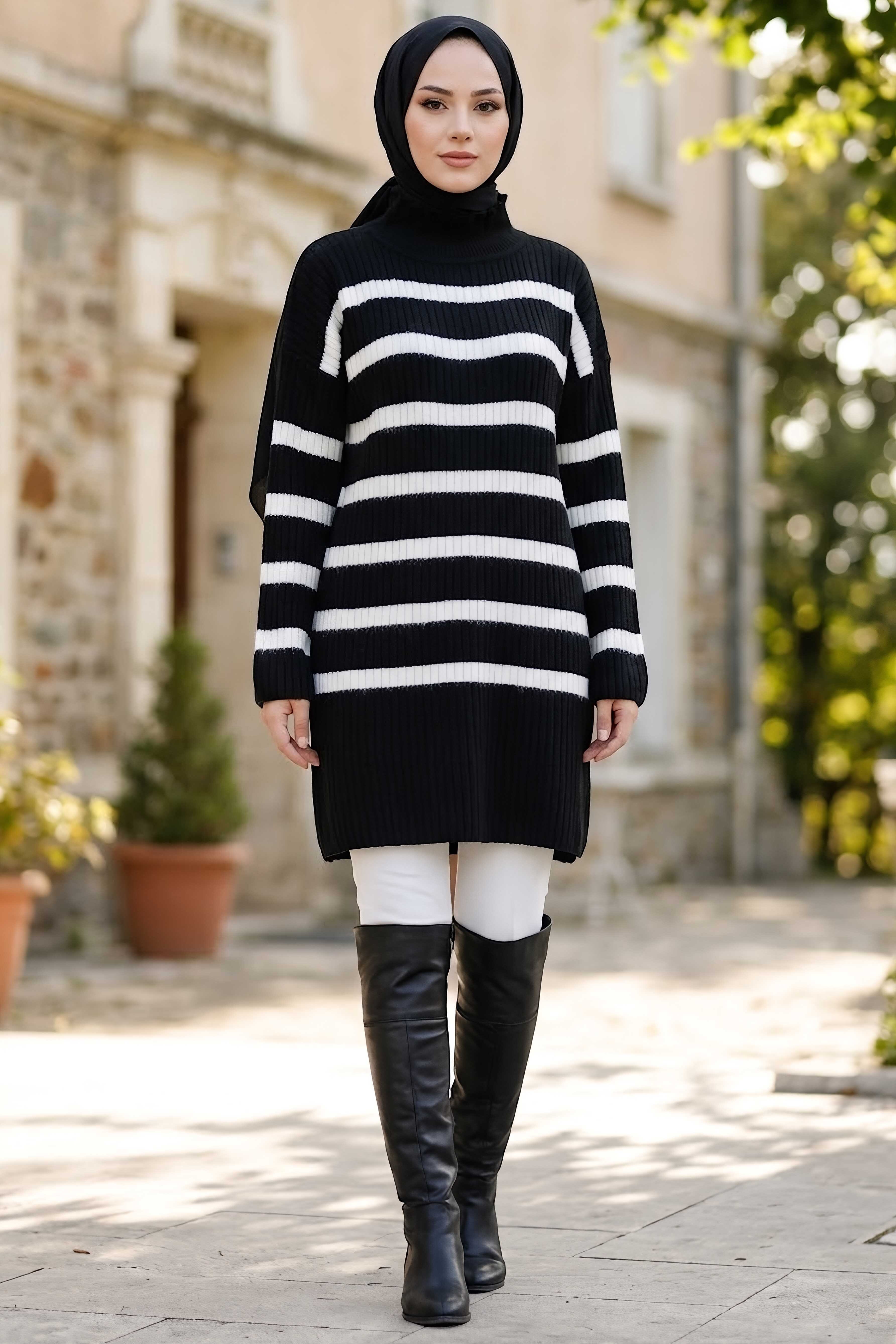 Sakalı Yumoş Çizgili Tunik Siyah - 28905-SIYAH - 2