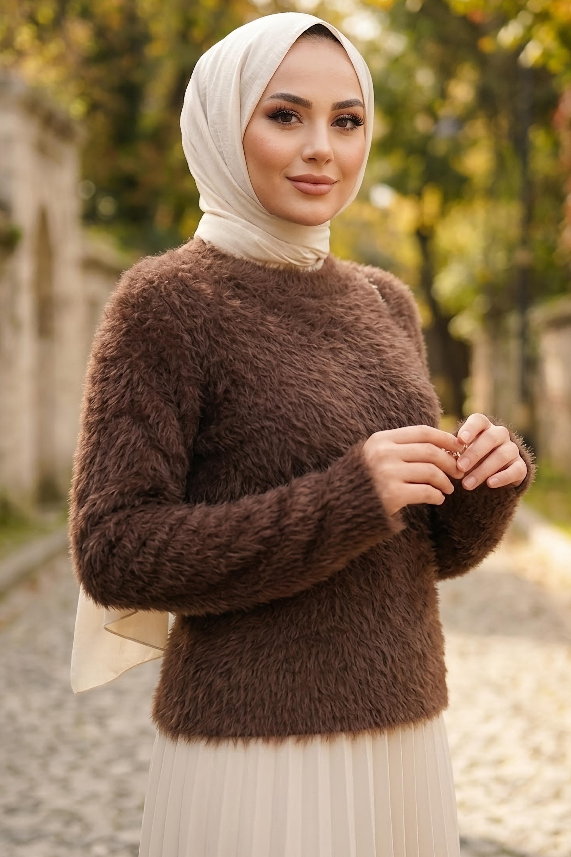 Sakalı Yumoş Düz Kazak Kahve - 28907-KAHVE - 2