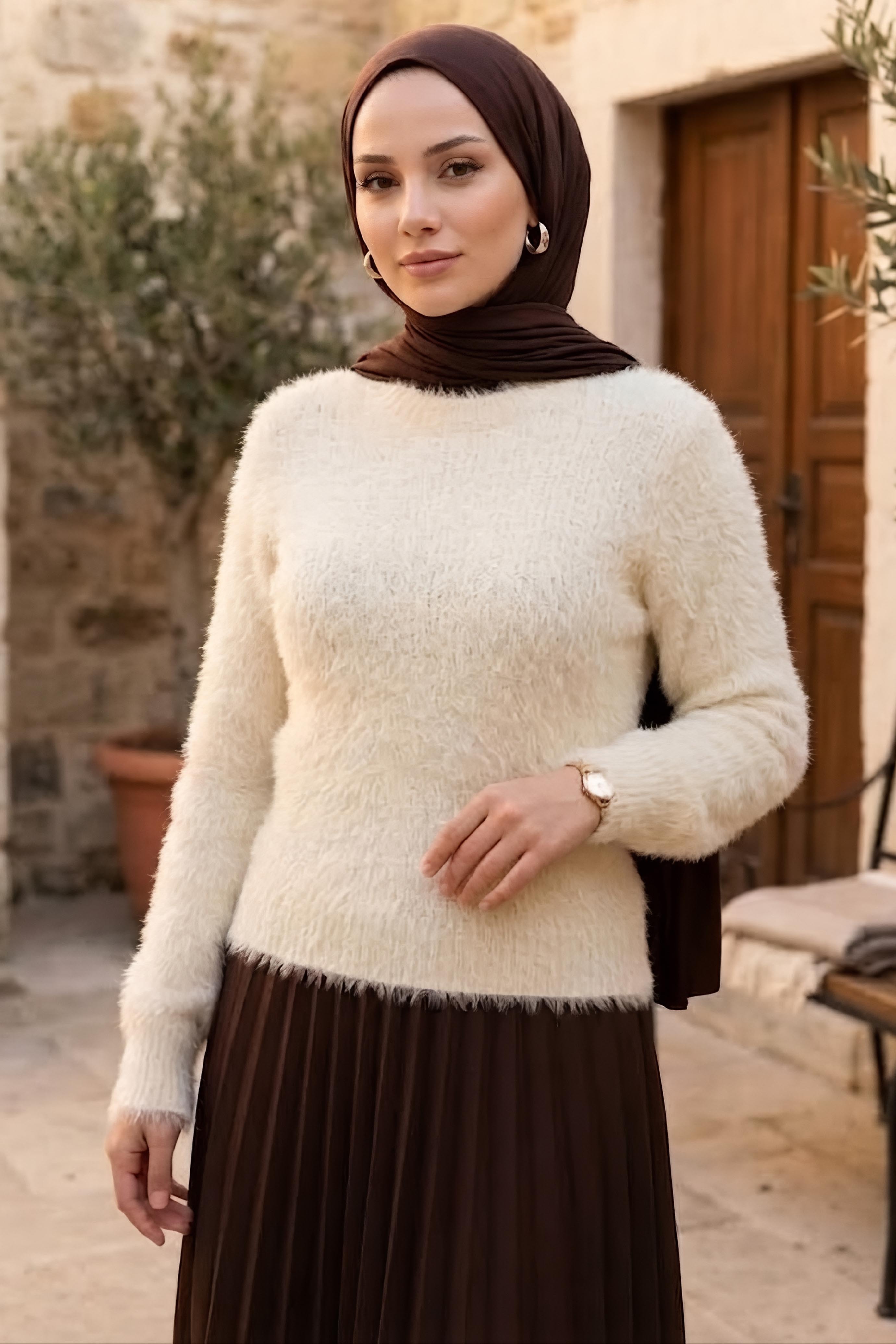 Sakalı Yumoş Düz Kazak Krem - 28907-KREM - 1