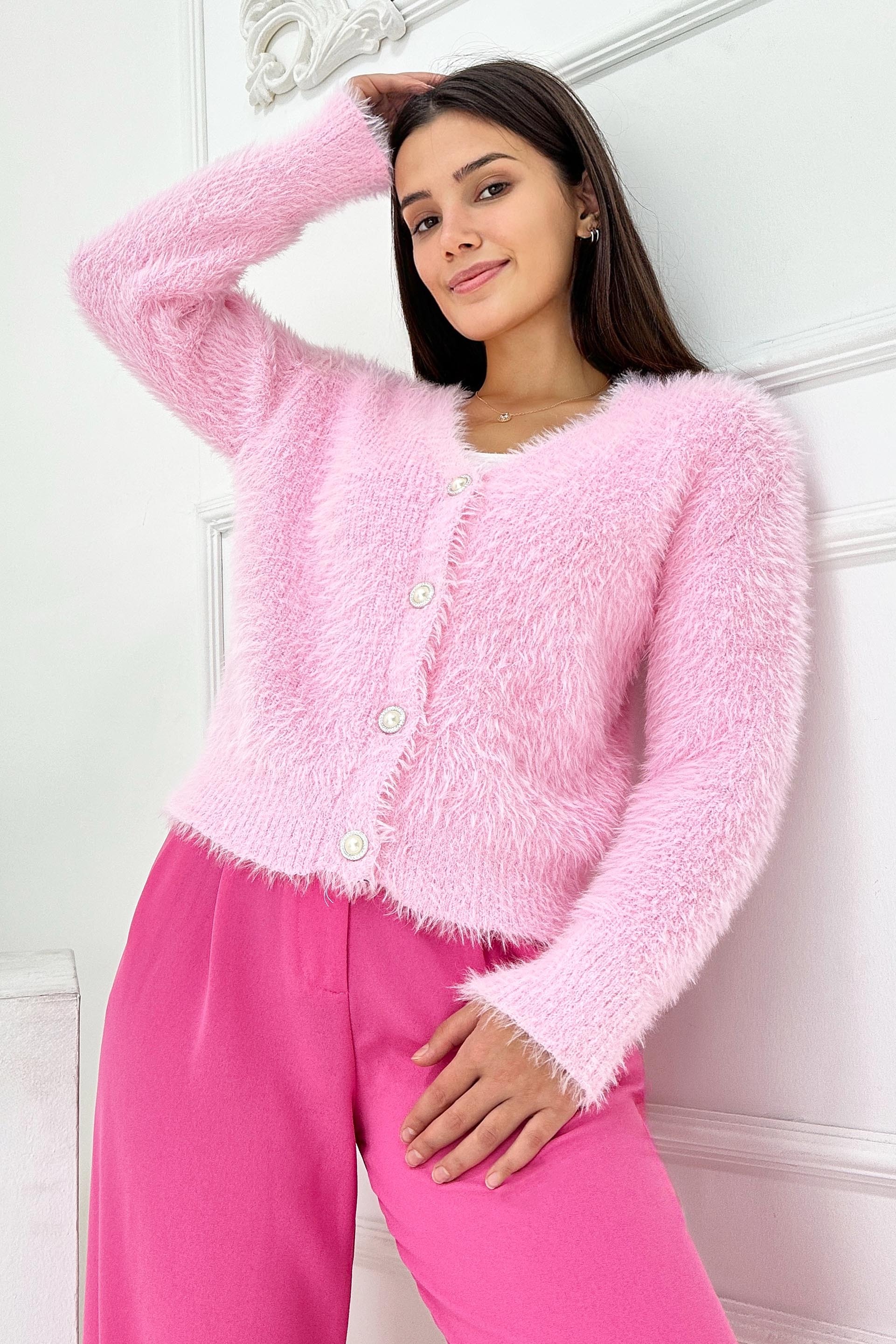 Sakallı Düğmeli Hırka - 27900-PEMBE - 1