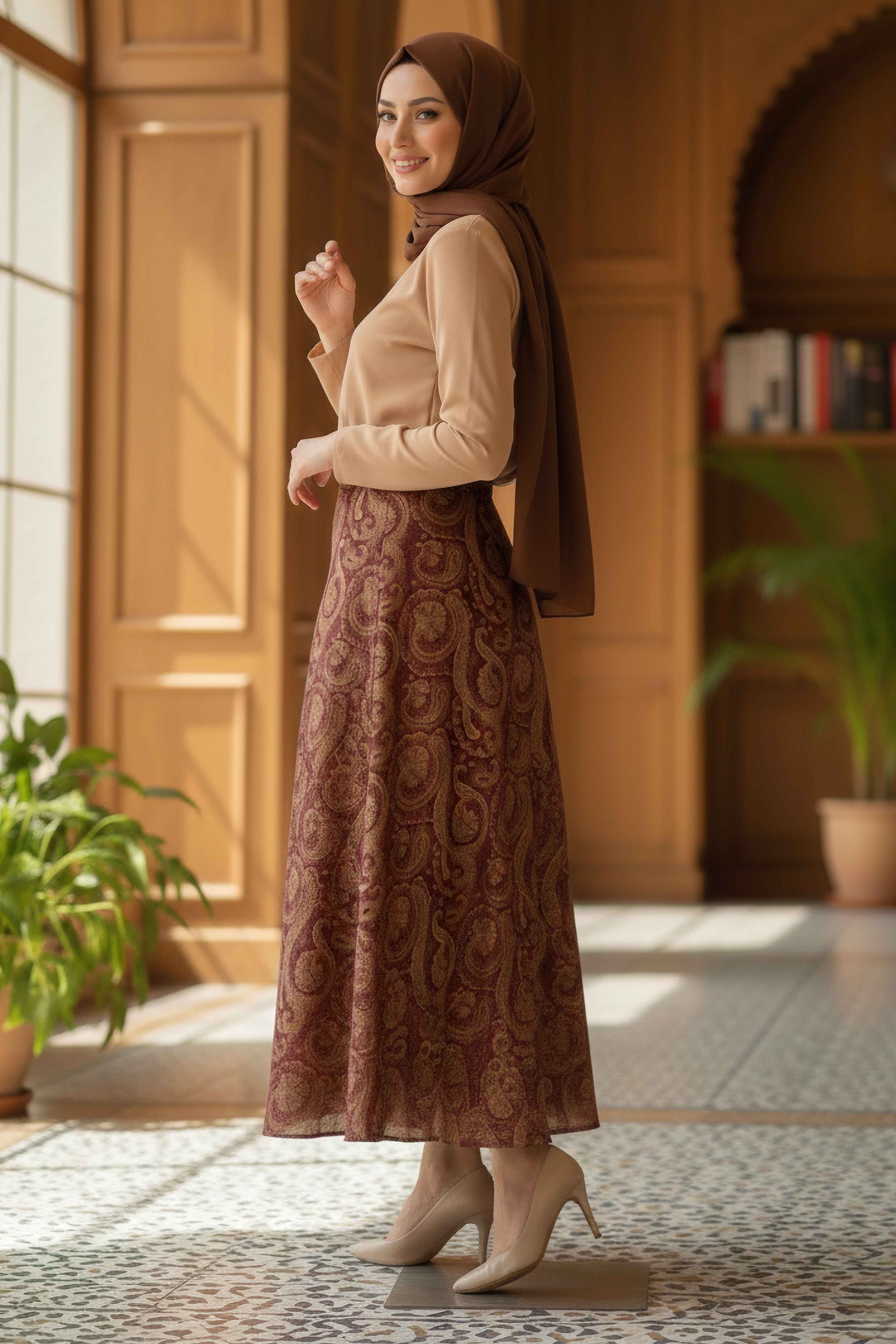 Şal Desen Etek - 28271-BORDO - 1