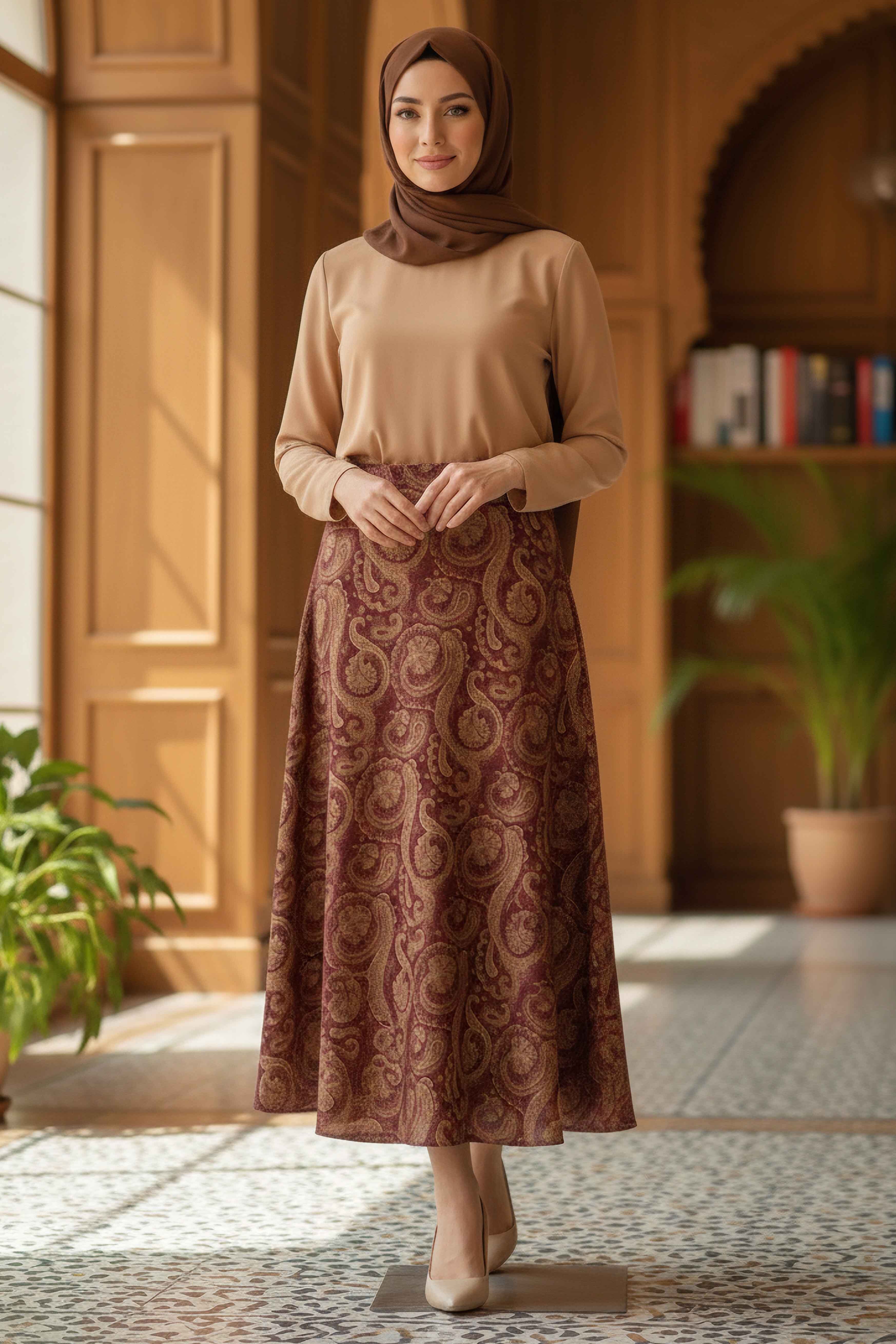 Şal Desen Etek - 28271-BORDO - 2