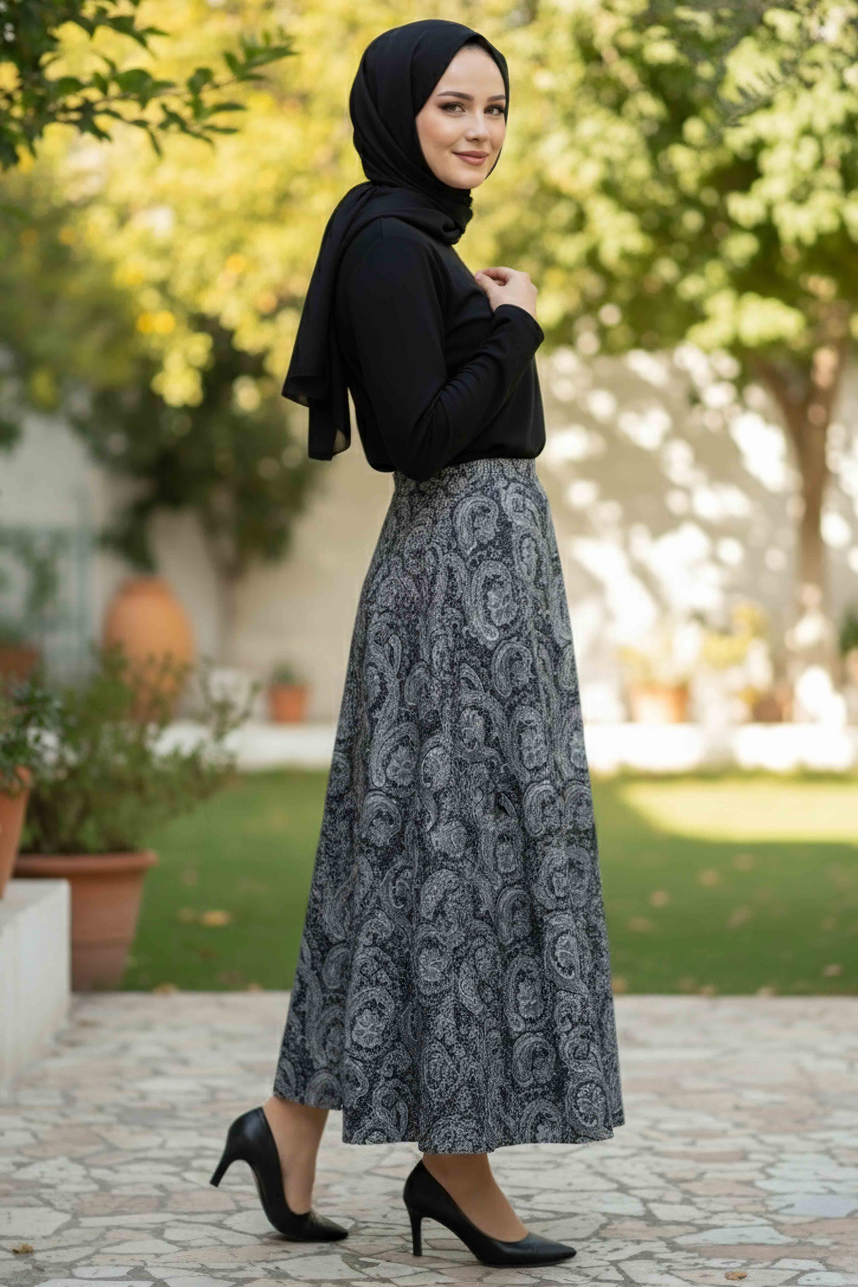 Şal Desen Etek - 28271-SIYAH - 2