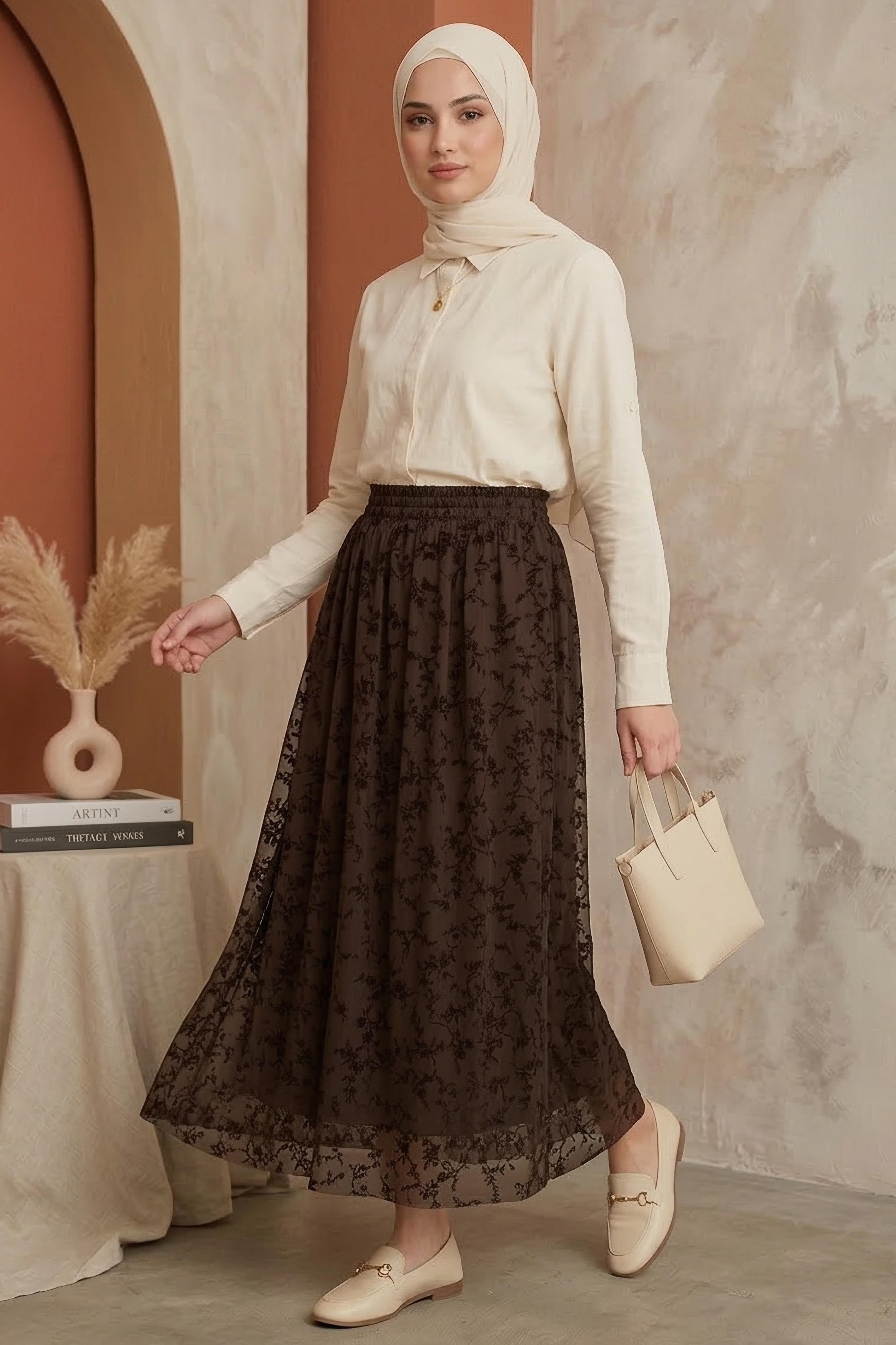 Şal Desenli Floklu Etek - 28335-ACI-KAHVE - 1