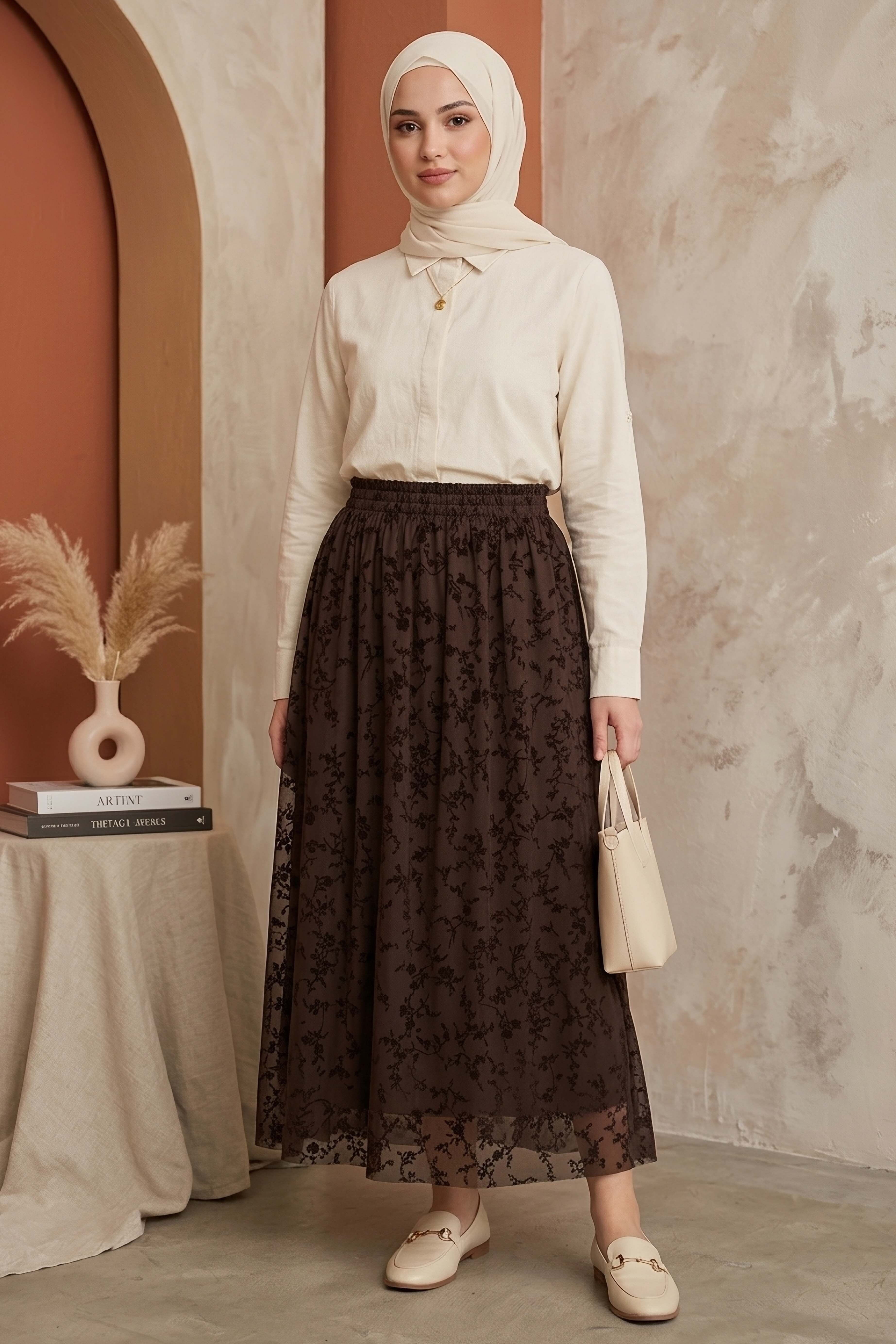 Şal Desenli Floklu Etek - 28335-ACI-KAHVE - 2
