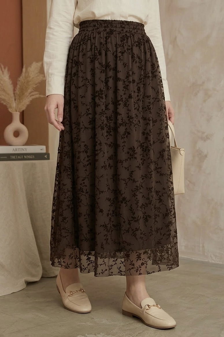 Şal Desenli Floklu Etek - 28335-ACI-KAHVE - 3