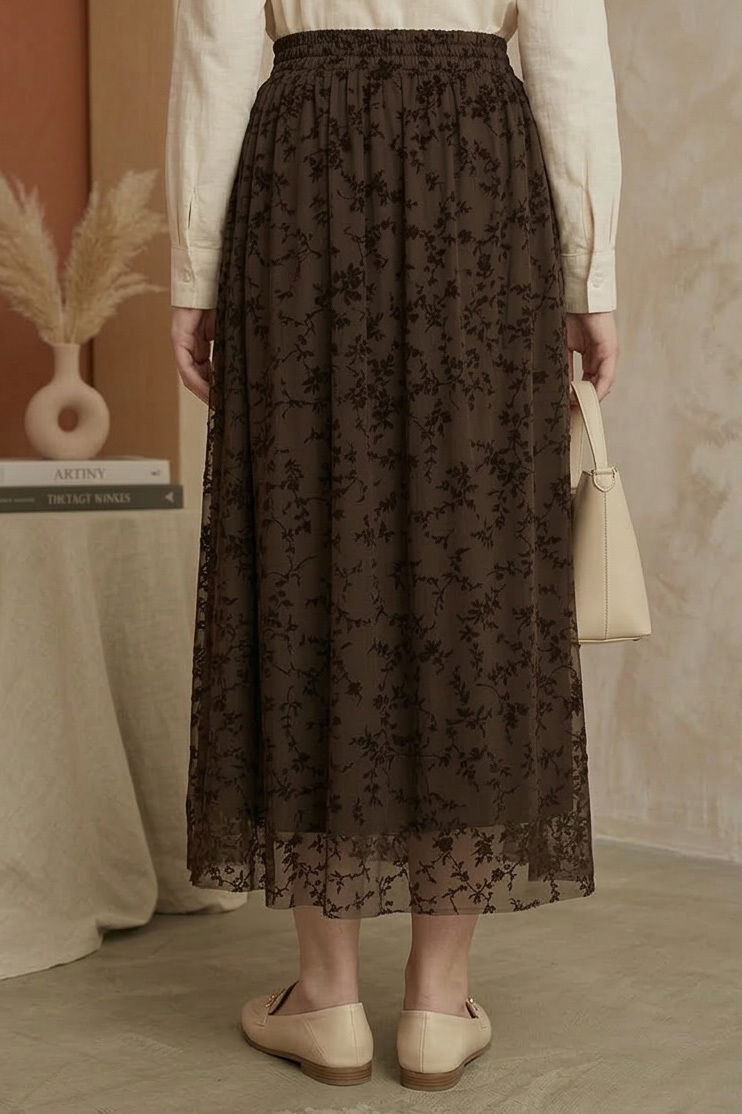 Şal Desenli Floklu Etek - 28335-ACI-KAHVE - 4