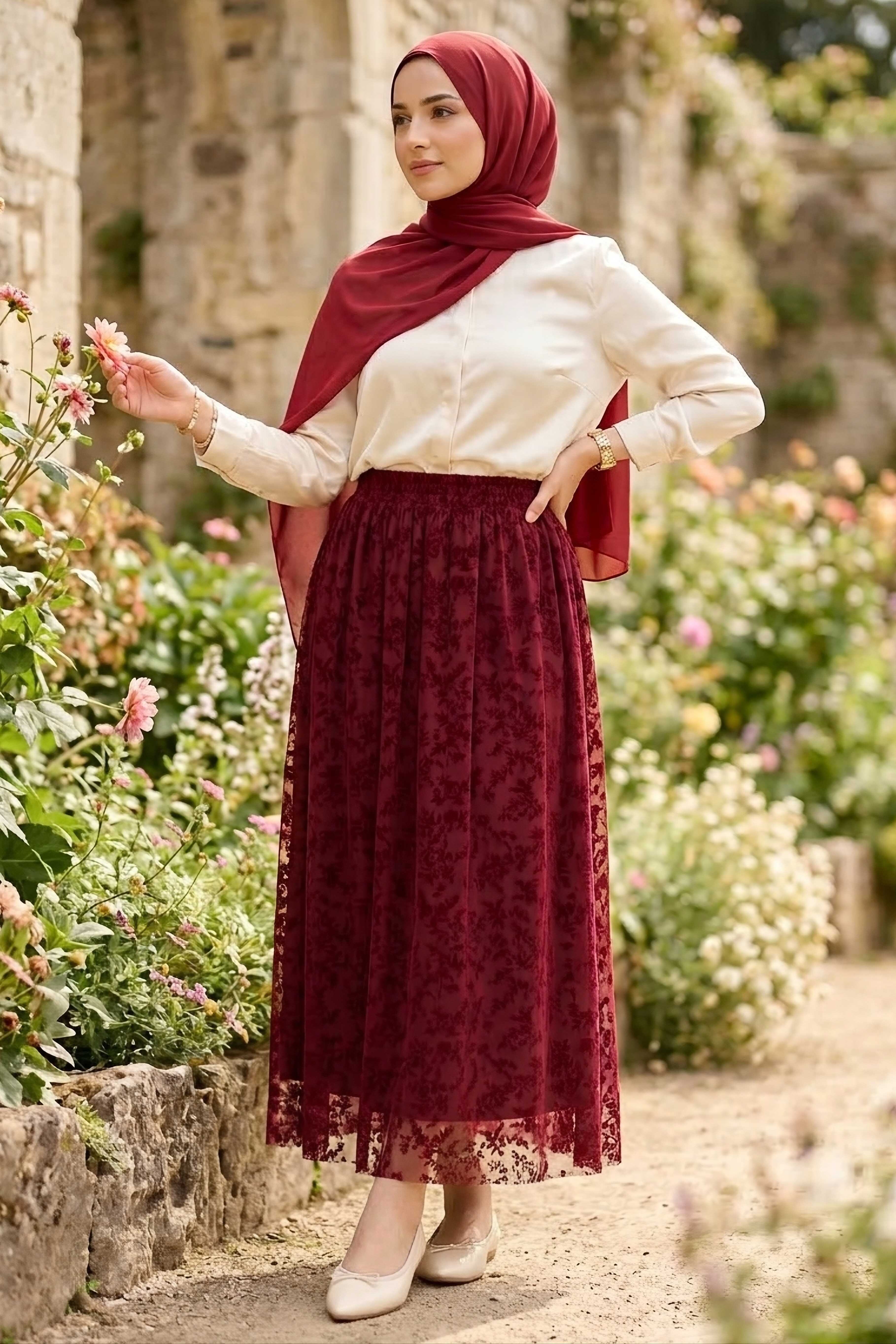 Şal Desenli Floklu Etek - 28335-BORDO - 1