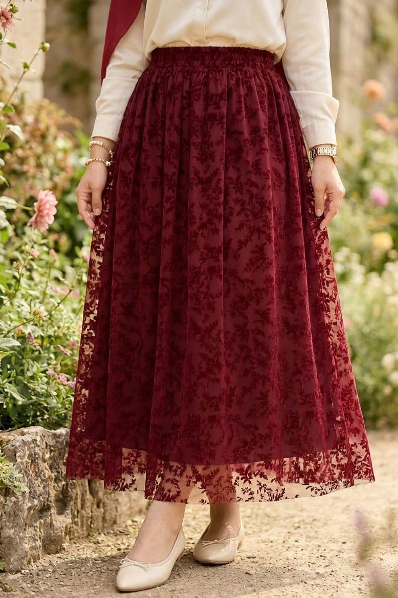Şal Desenli Floklu Etek - 28335-BORDO - 2