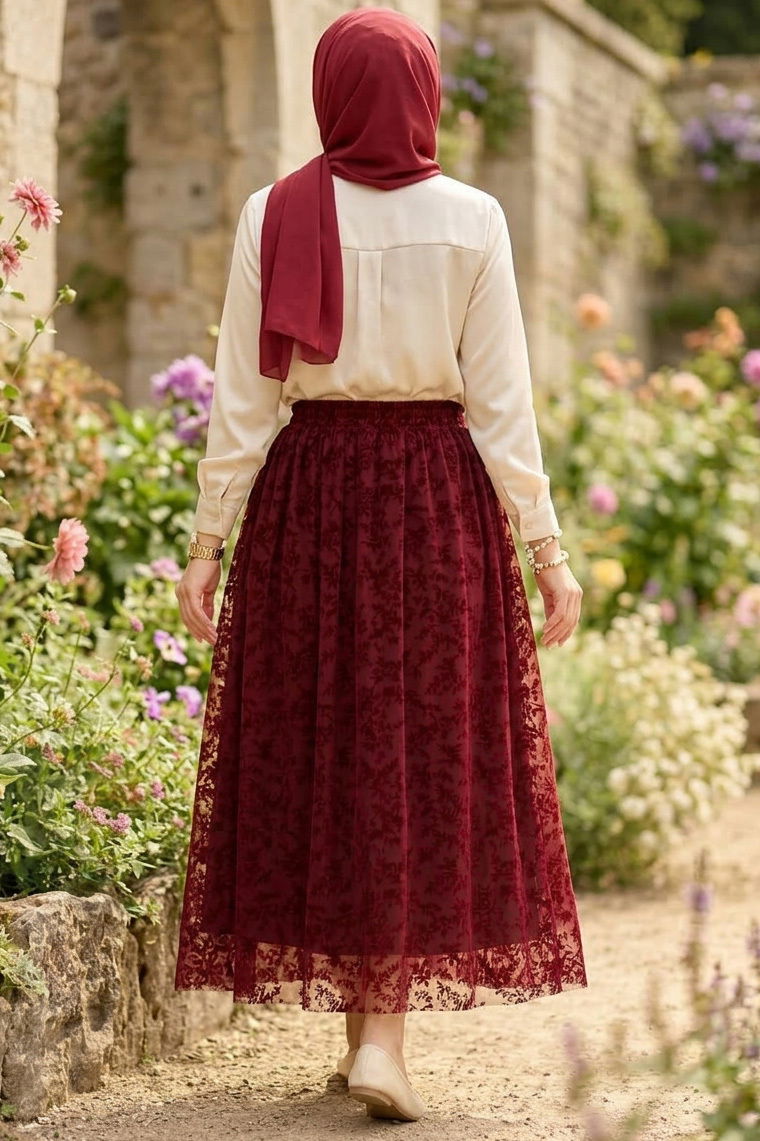 Şal Desenli Floklu Etek - 28335-BORDO - 3