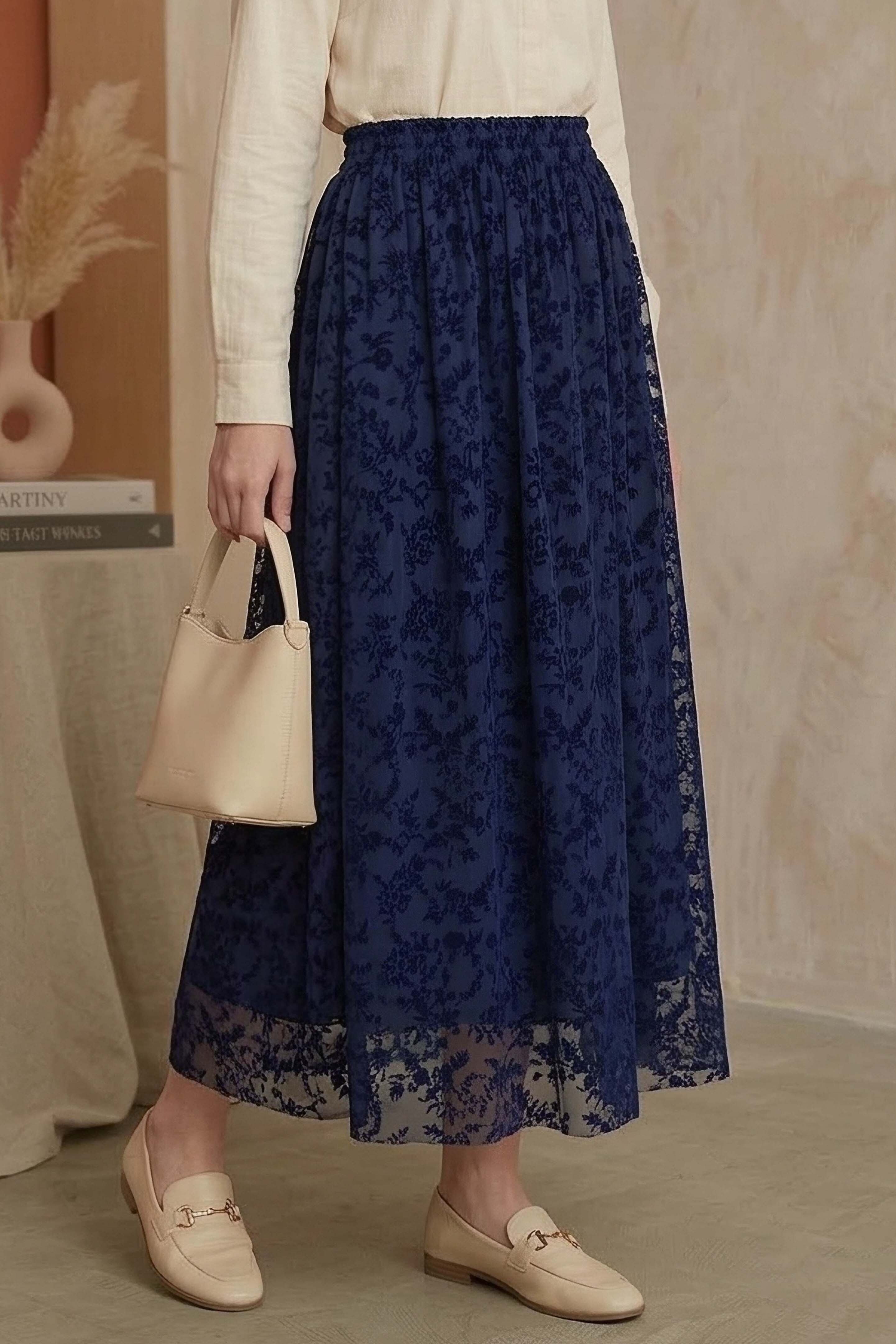 Şal Desenli Floklu Etek - 28335-LACIVERT - 1