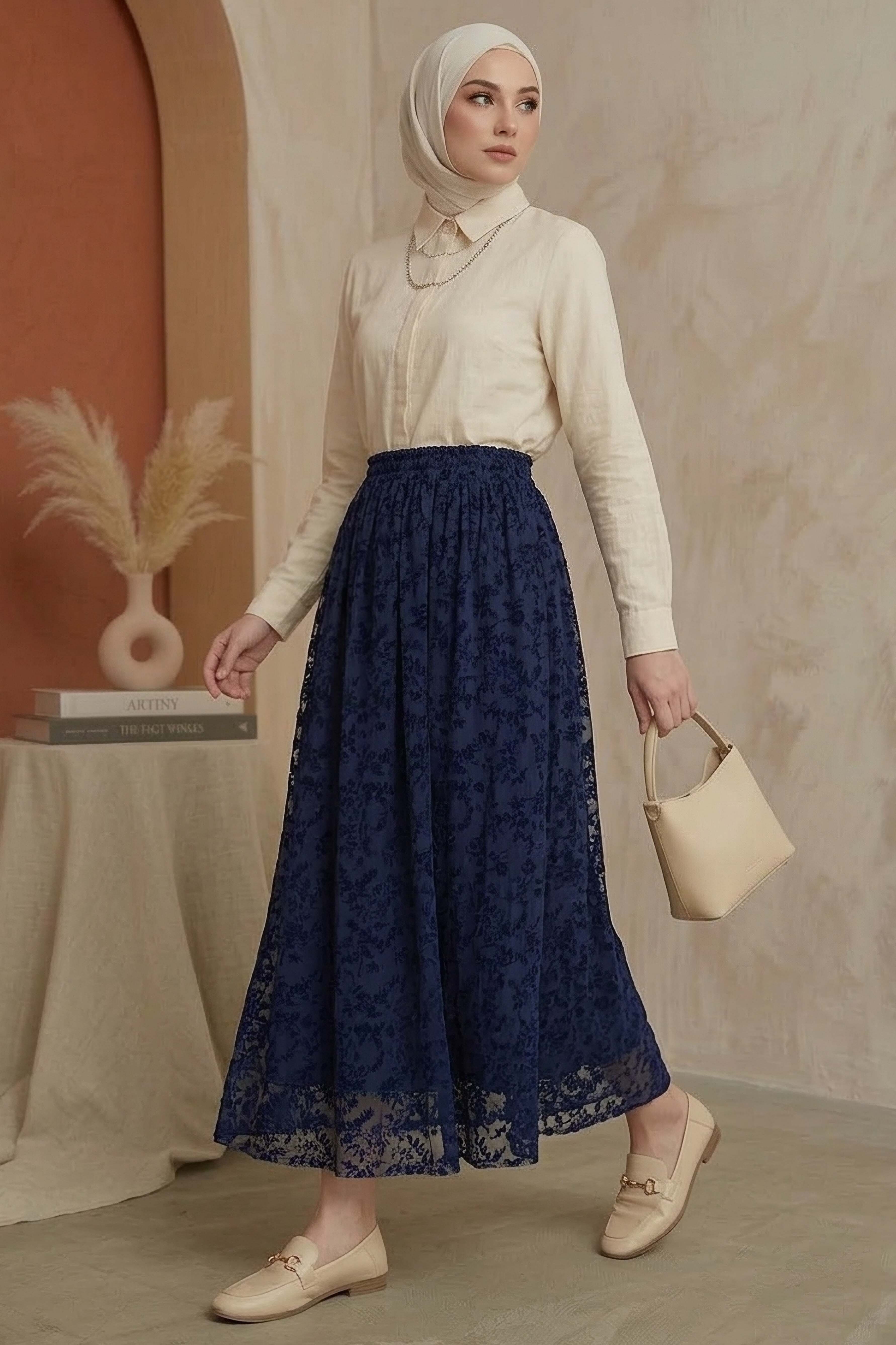 Şal Desenli Floklu Etek - 28335-LACIVERT - 2