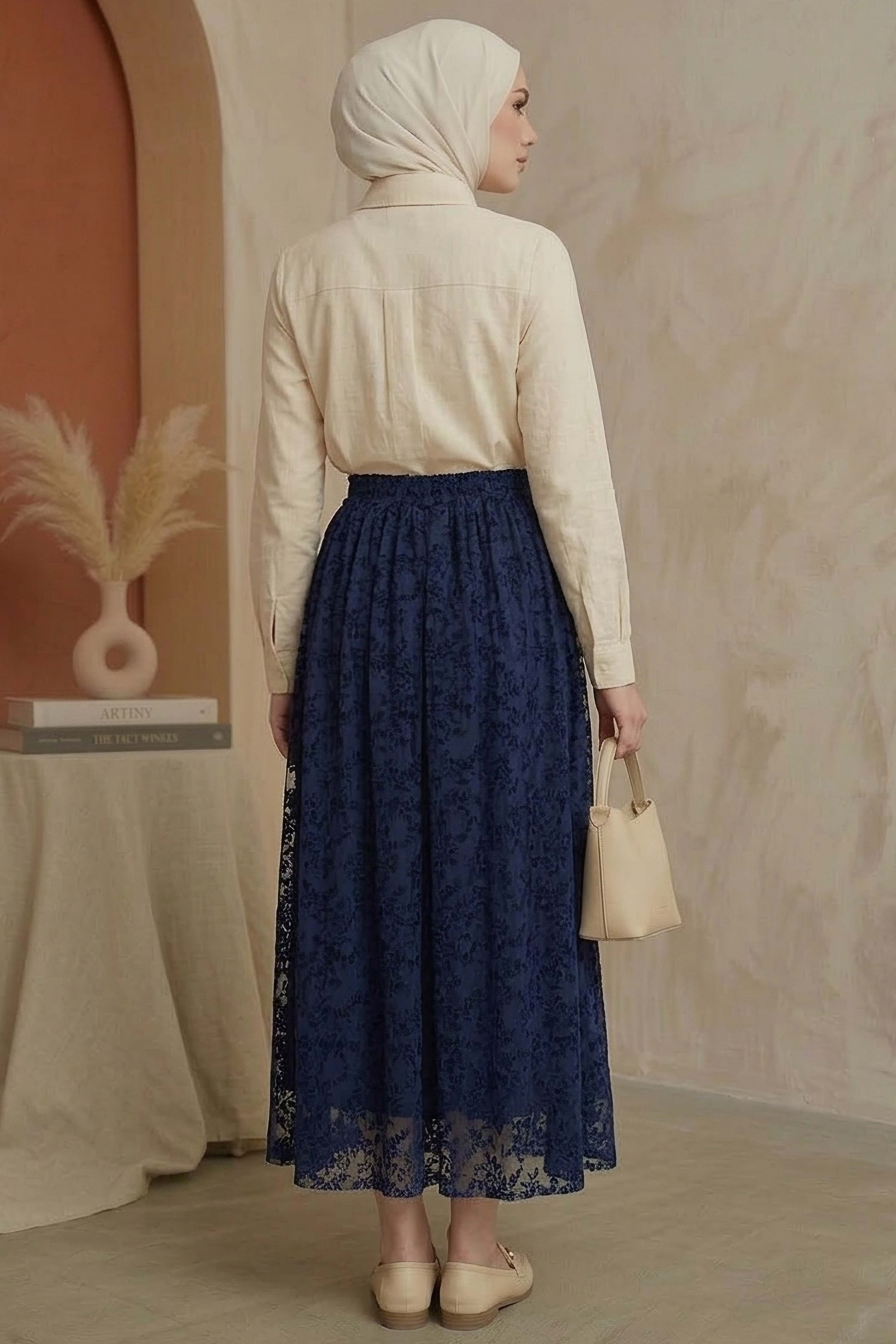 Şal Desenli Floklu Etek - 28335-LACIVERT - 3