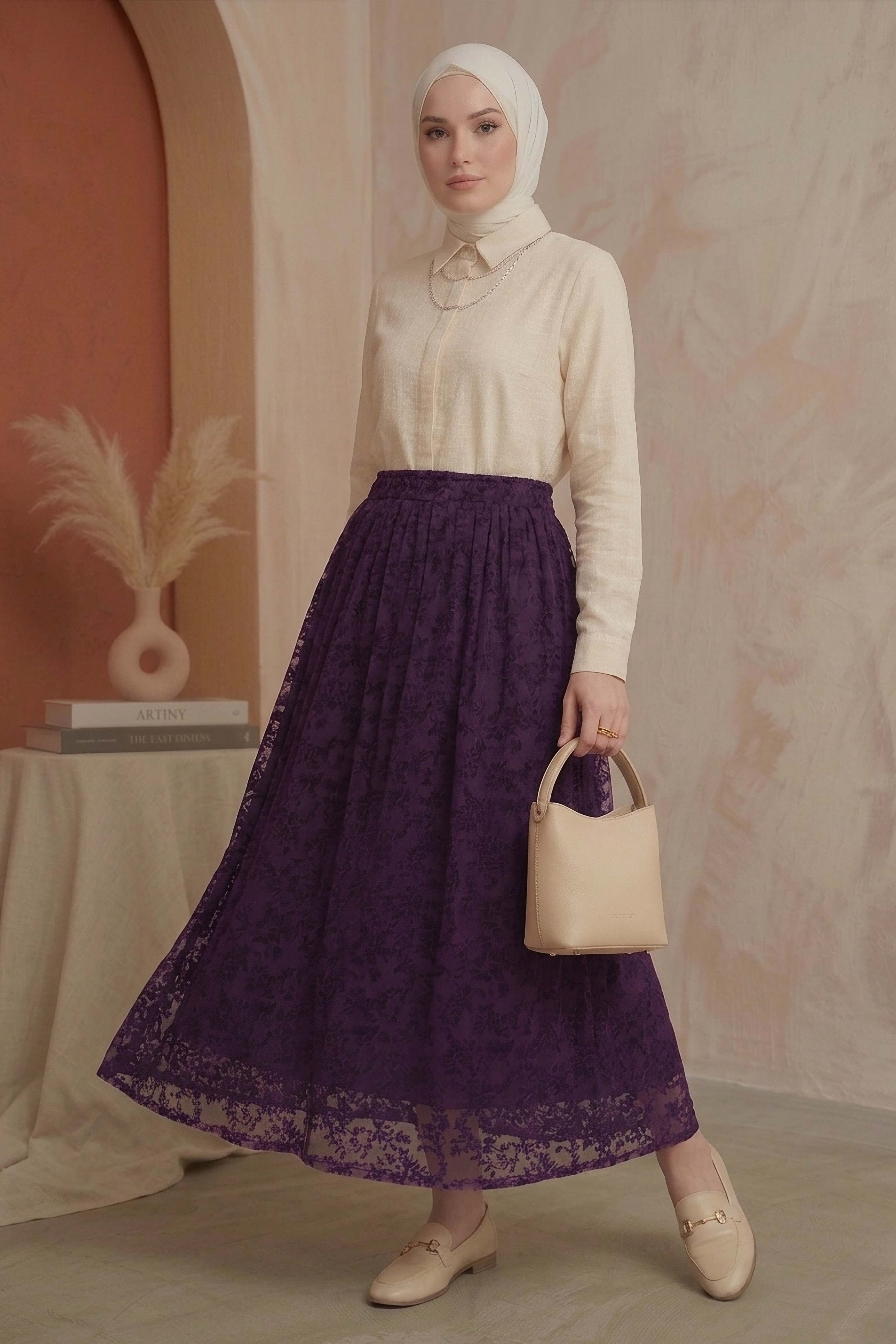 Şal Desenli Floklu Etek - 28335-MURDUM - 1