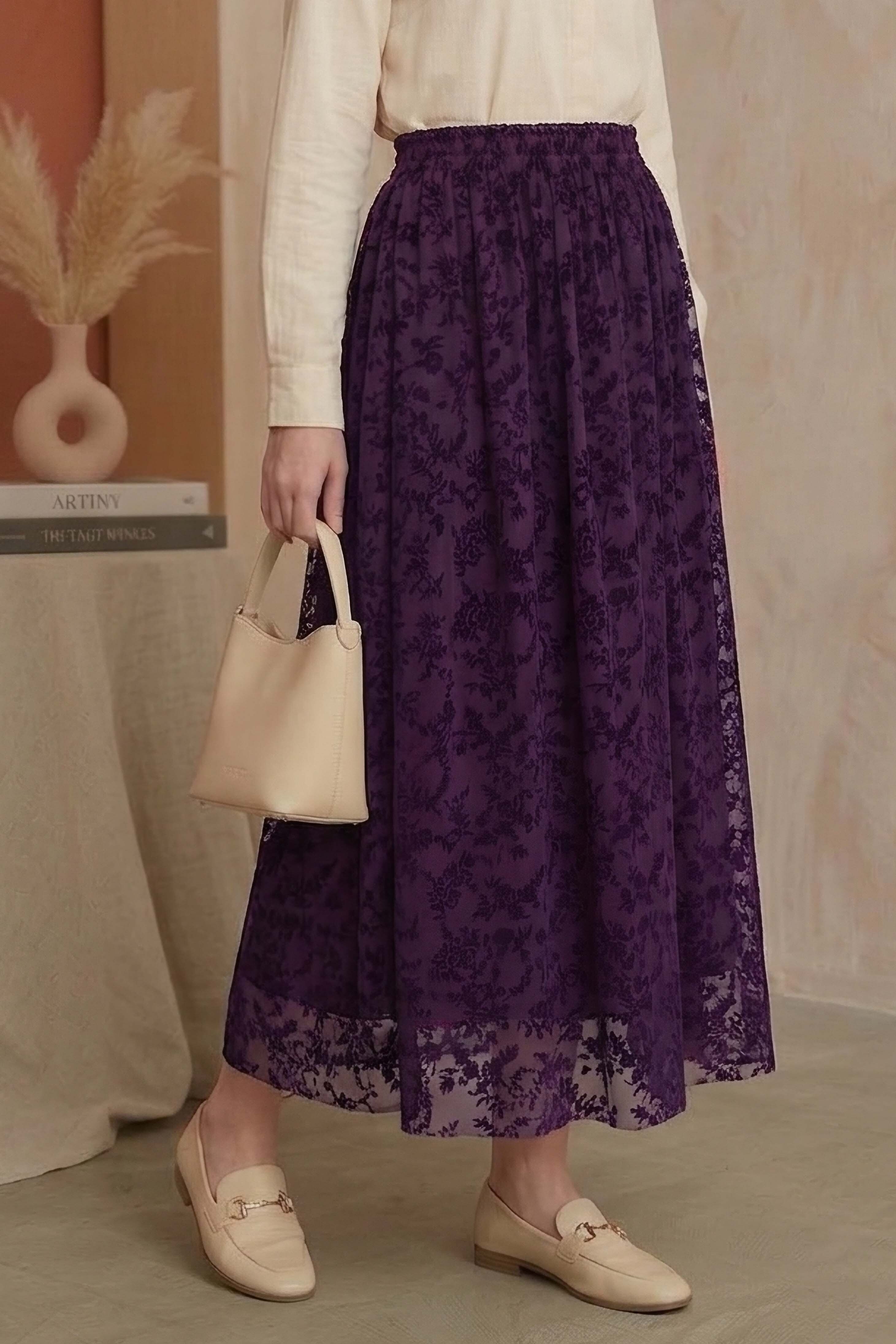 Şal Desenli Floklu Etek - 28335-MURDUM - 2