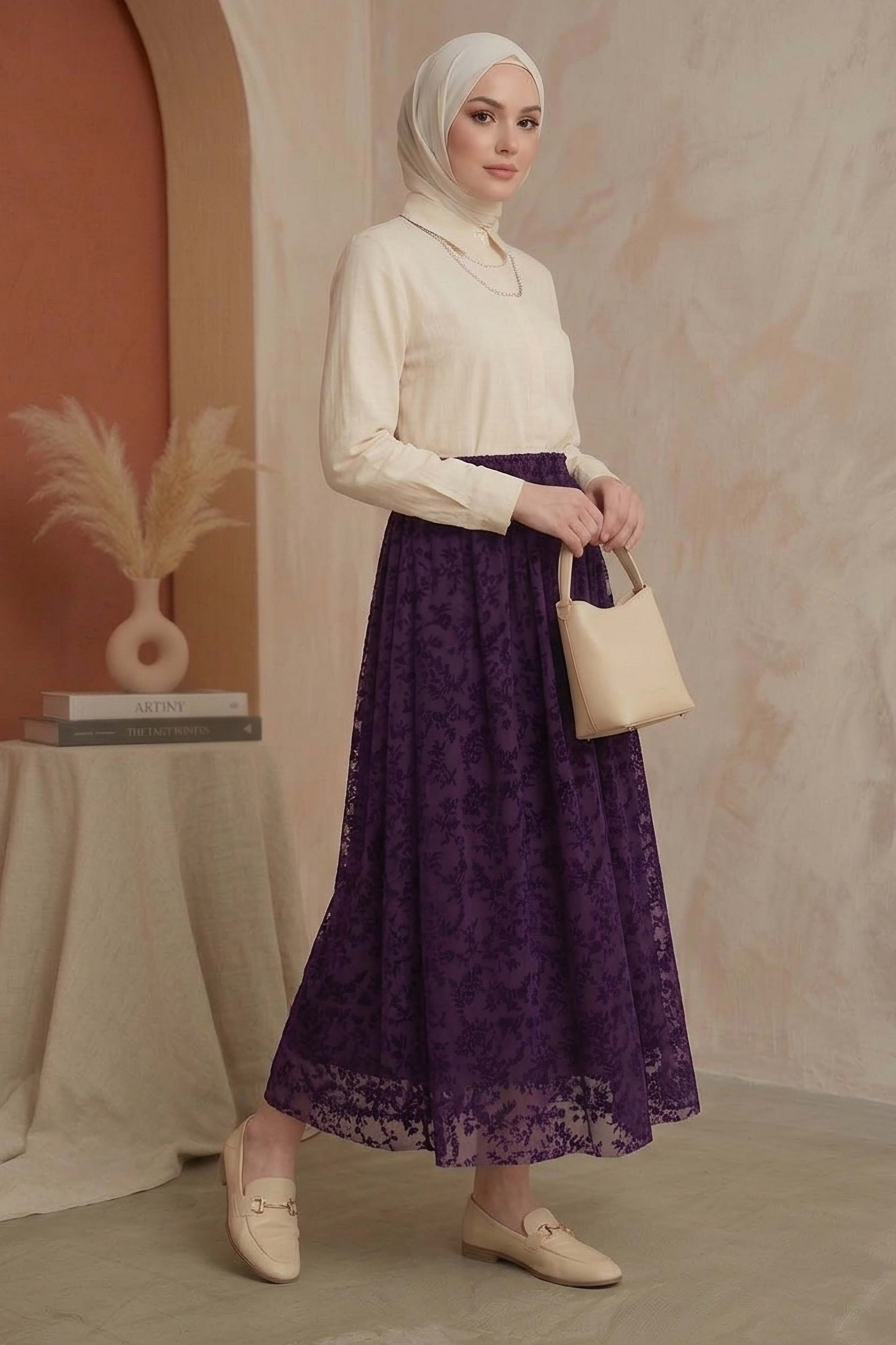 Şal Desenli Floklu Etek - 28335-MURDUM - 3