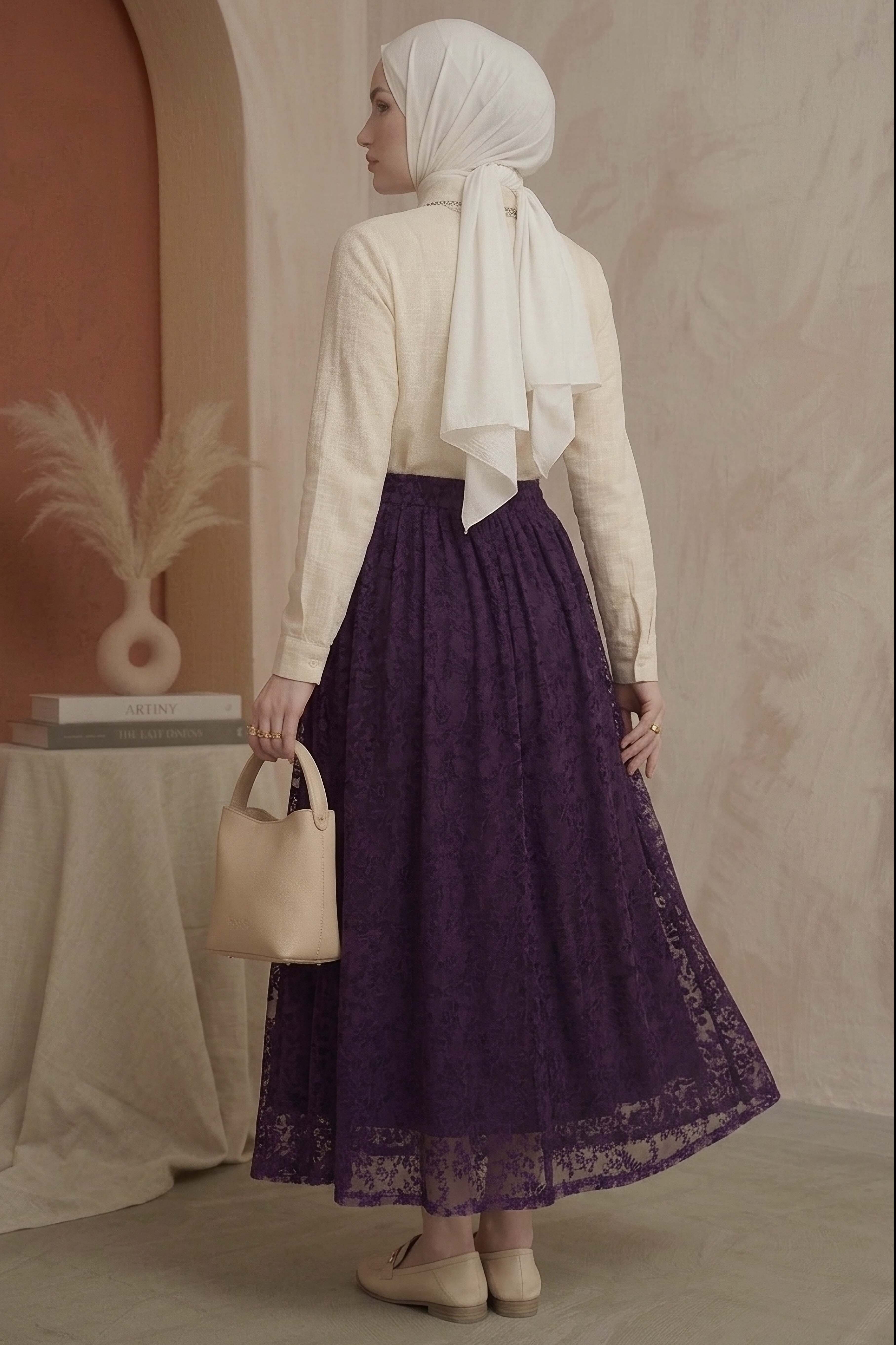 Şal Desenli Floklu Etek - 28335-MURDUM - 4