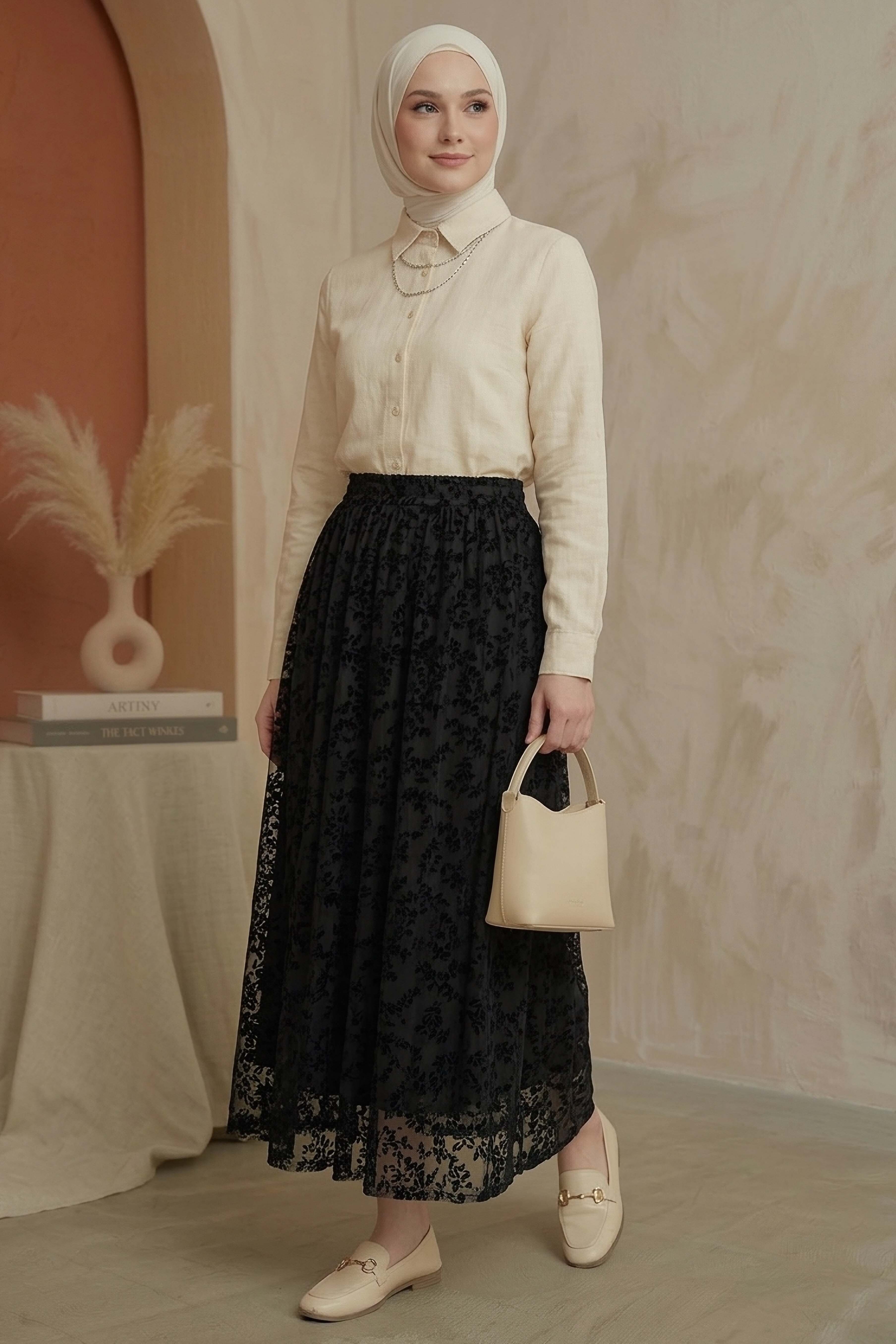 Şal Desenli Floklu Etek - 28335-SIYAH - 1