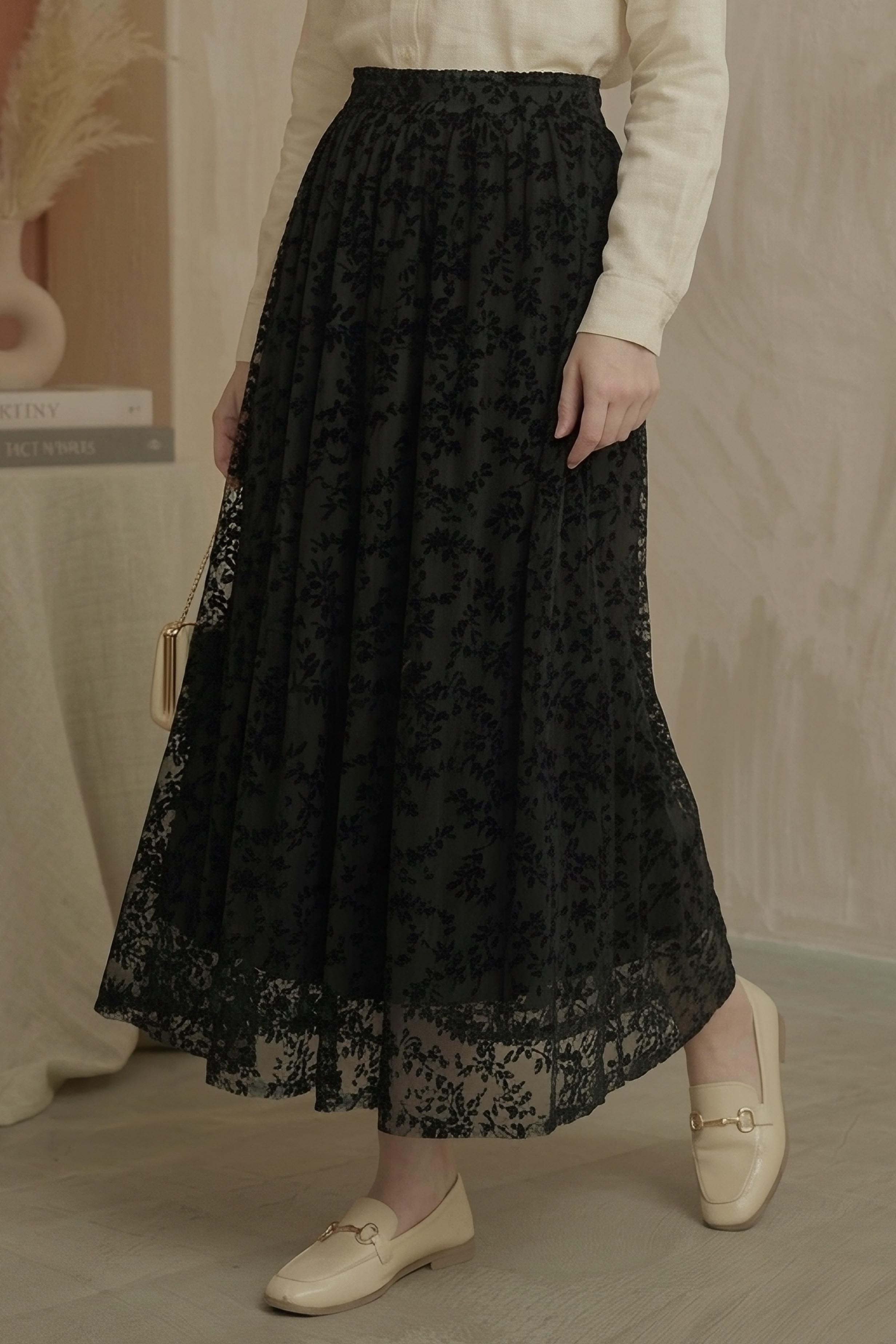 Şal Desenli Floklu Etek - 28335-SIYAH - 2