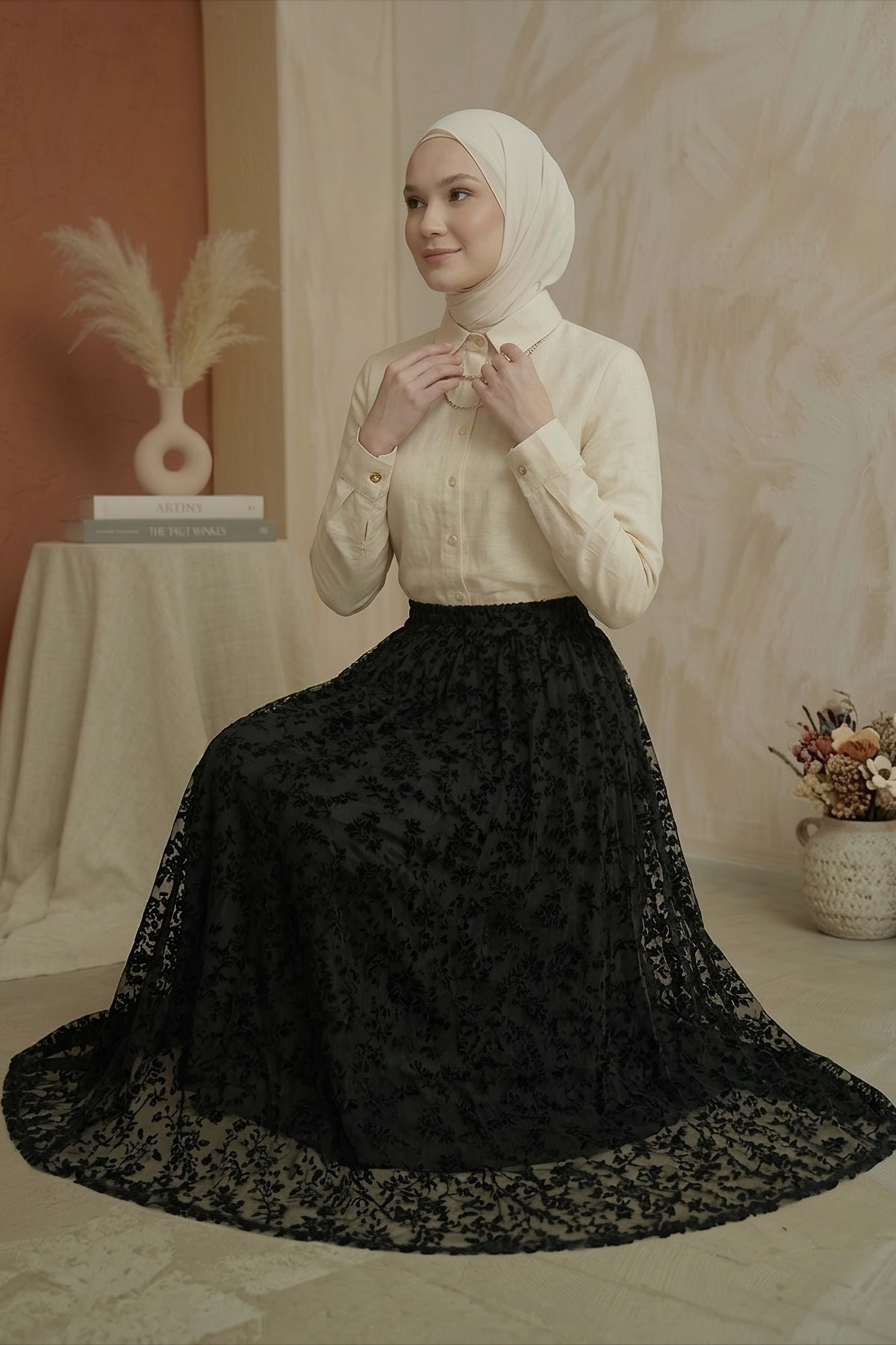 Şal Desenli Floklu Etek - 28335-SIYAH - 3