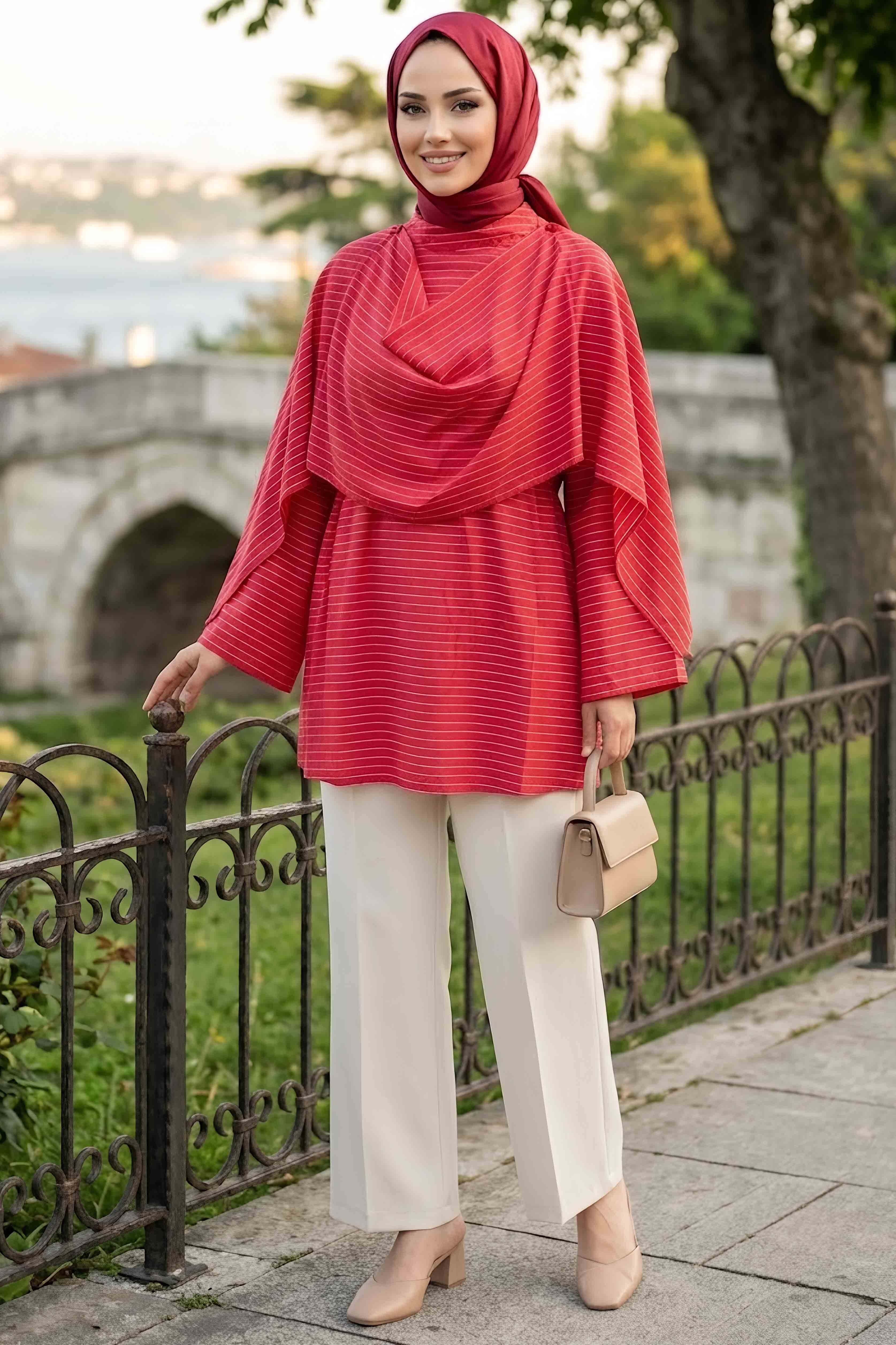 Şal Yaka Çizgili Tunik Kirmizi - 28871-KIRMIZI - 1