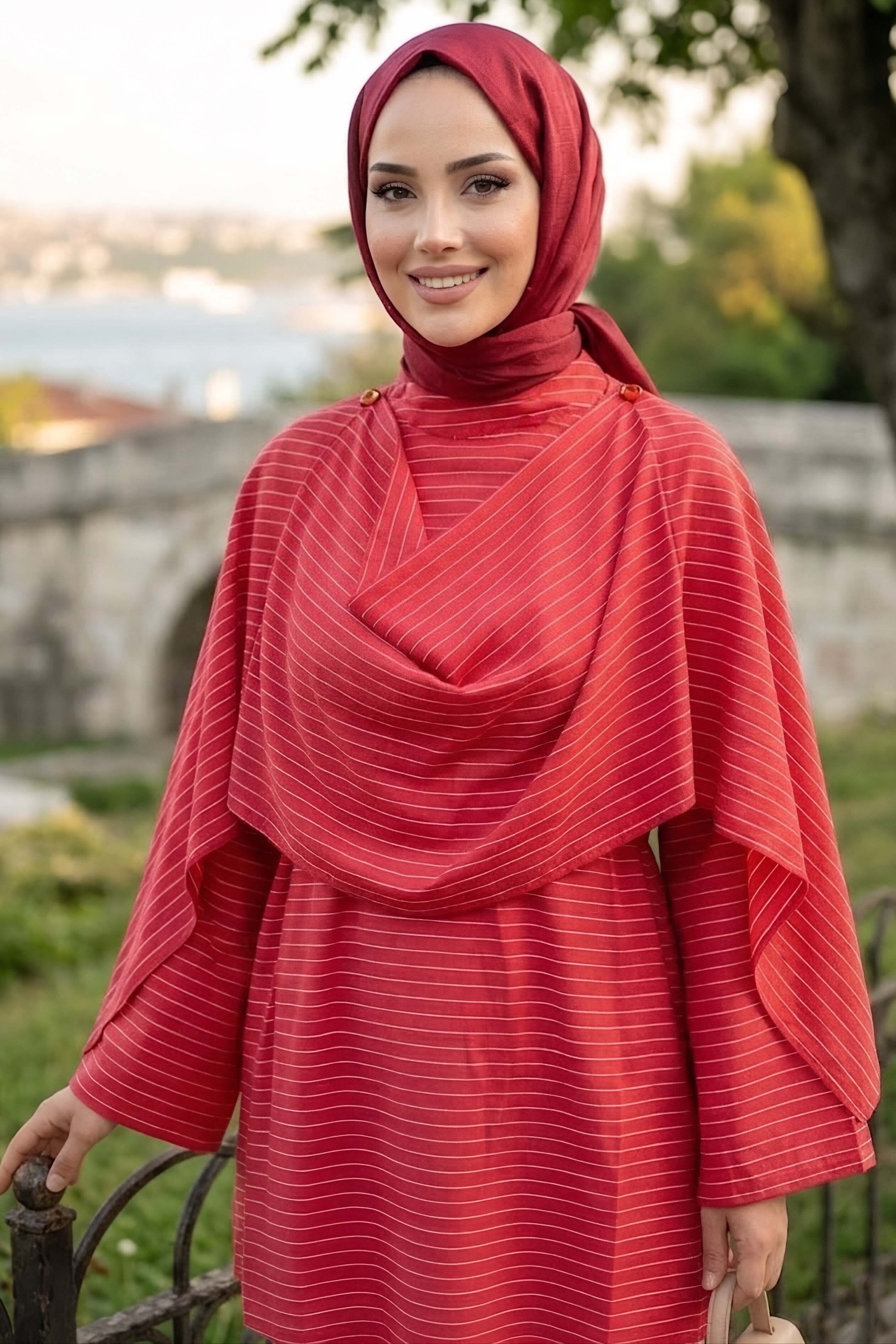 Şal Yaka Çizgili Tunik Kirmizi - 28871-KIRMIZI - 2