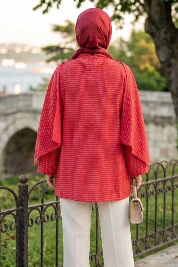 Şal Yaka Çizgili Tunik Kirmizi - 28871-KIRMIZI - 3