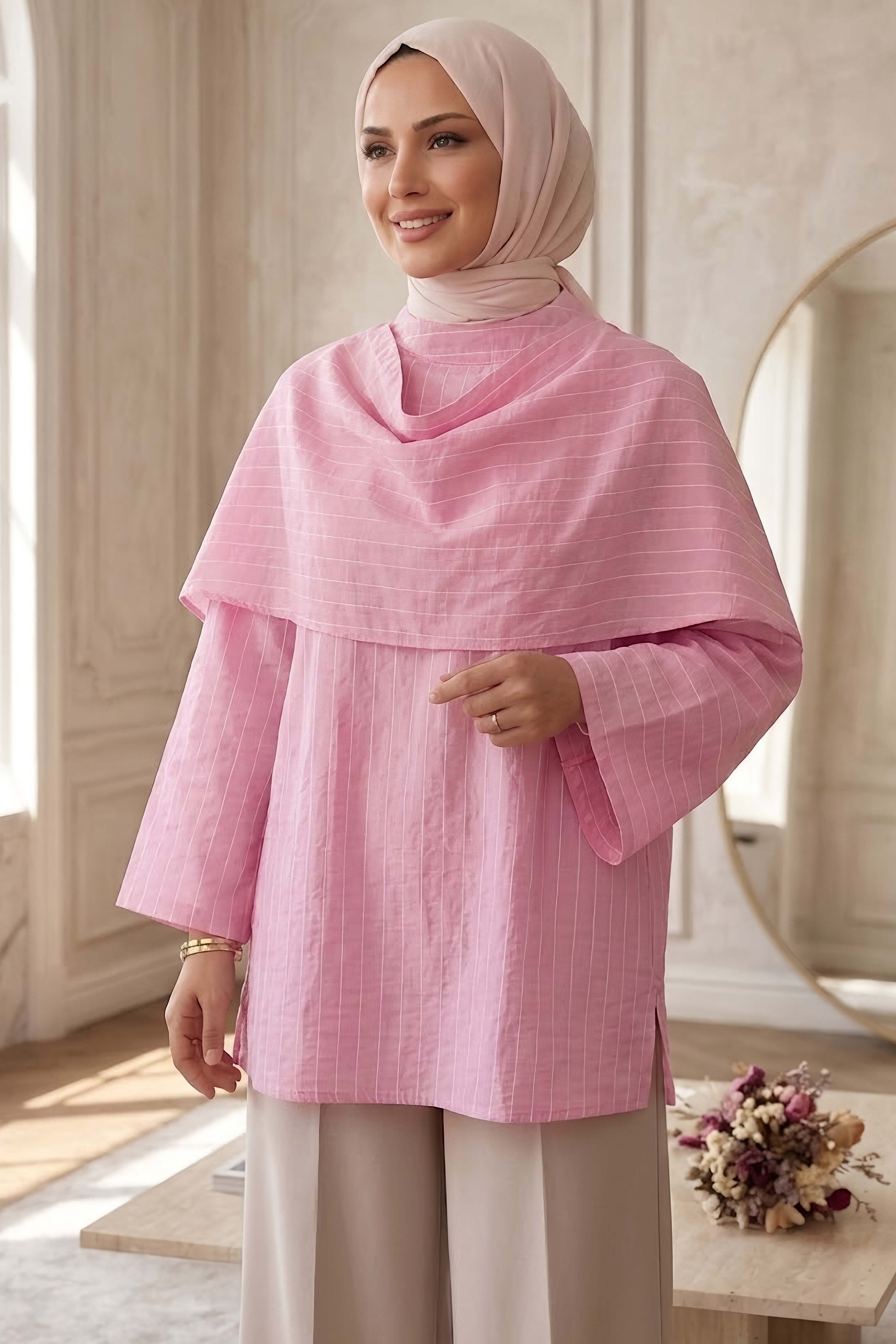 Şal Yaka Çizgili Tunik Pembe - 28871-PEMBE - 1