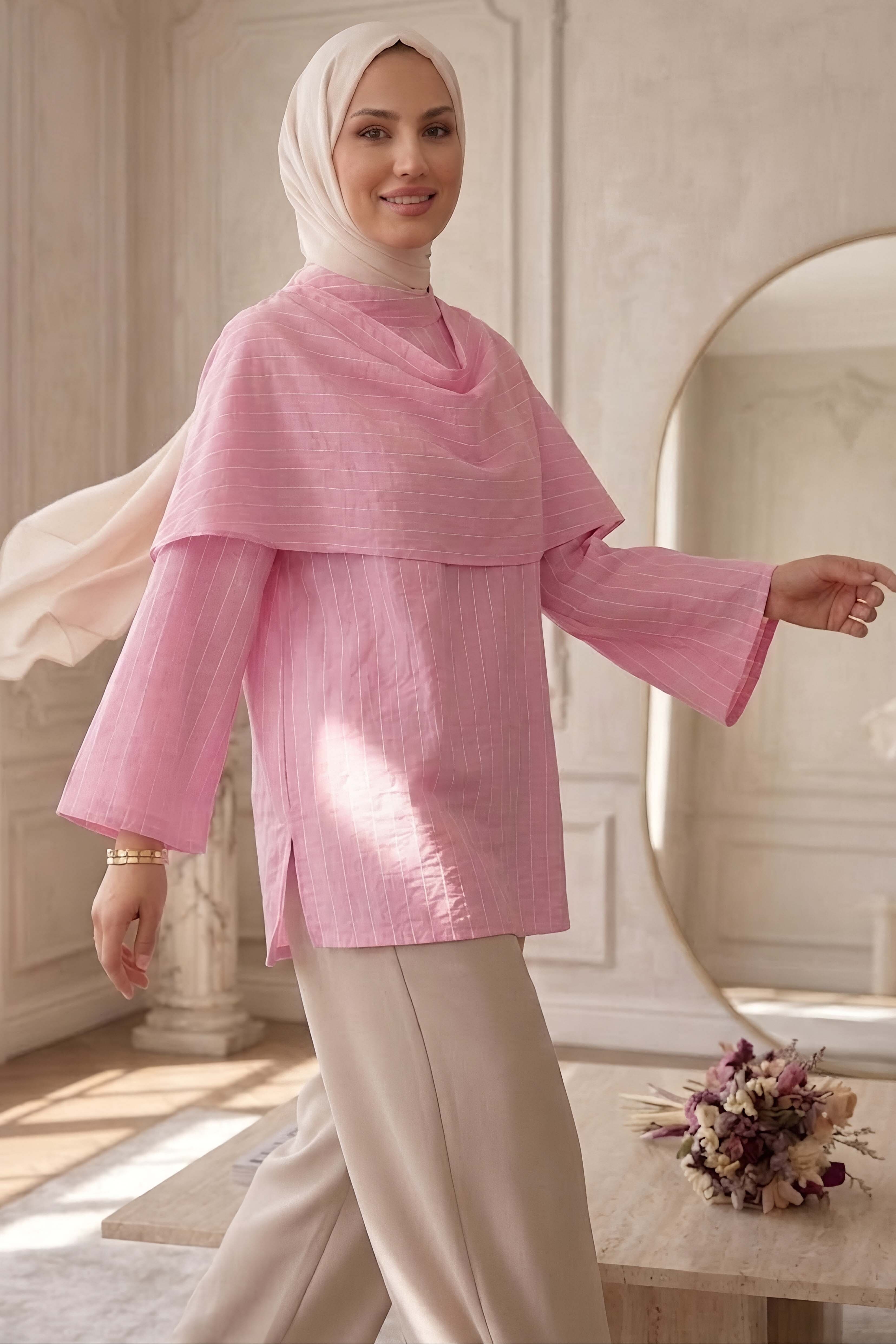 Şal Yaka Çizgili Tunik Pembe - 28871-PEMBE - 2