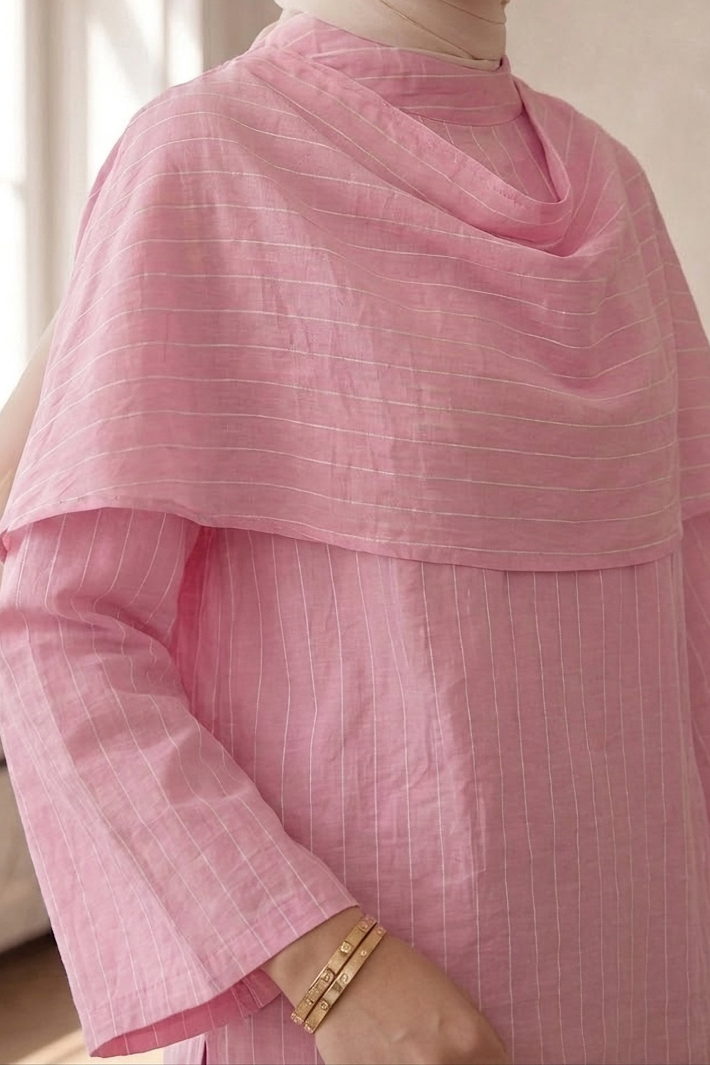 Şal Yaka Çizgili Tunik Pembe - 28871-PEMBE - 3