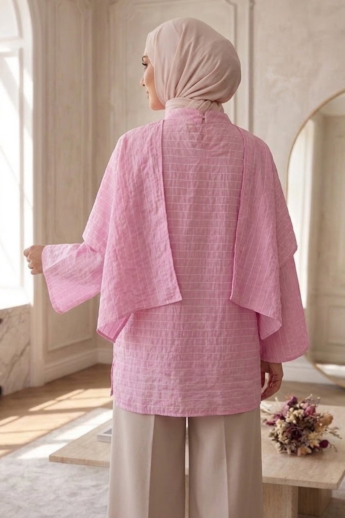 Şal Yaka Çizgili Tunik Pembe - 28871-PEMBE - 4