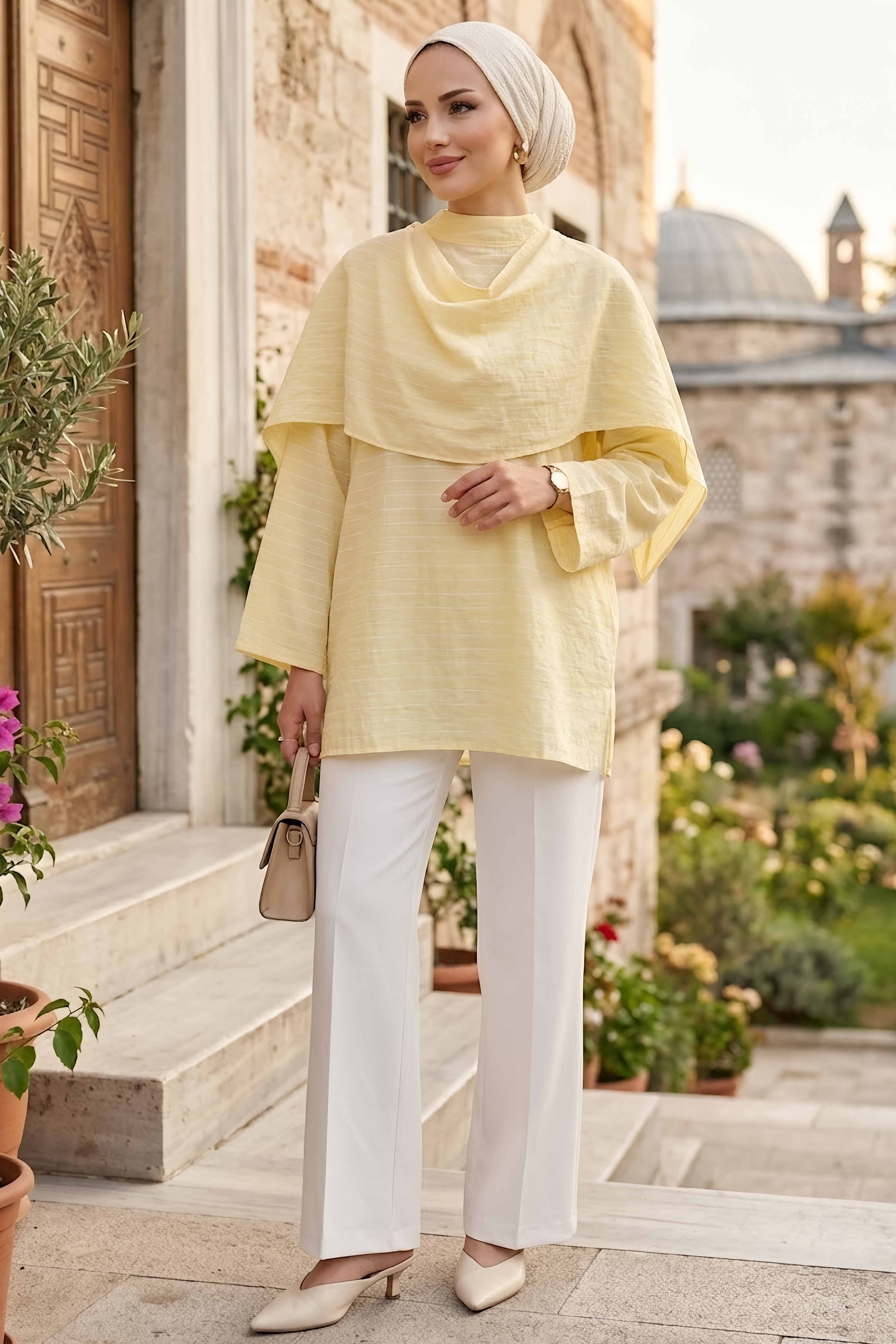Şal Yaka Çizgili Tunik Sari - 28871-SARI - 1