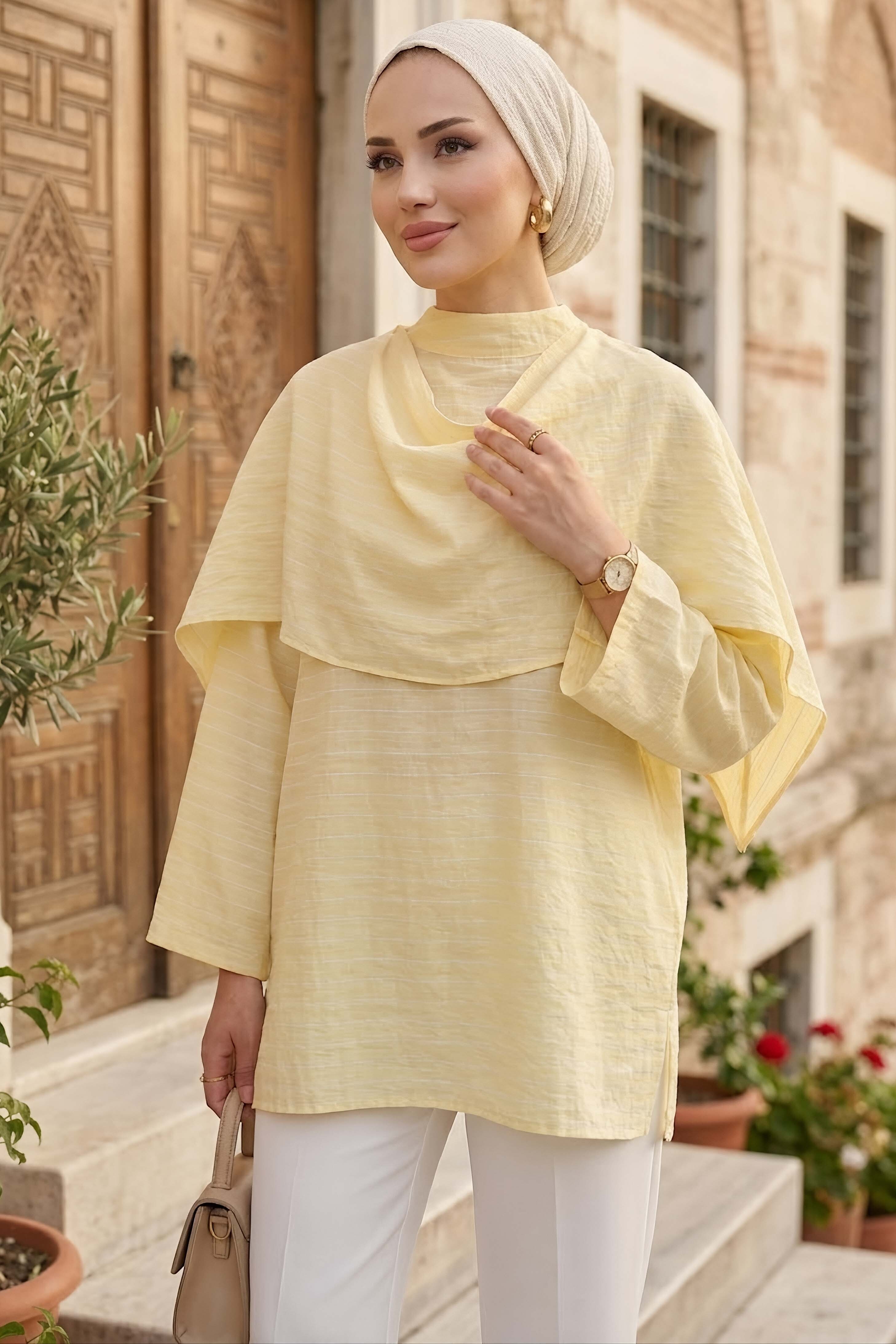 Şal Yaka Çizgili Tunik Sari - 28871-SARI - 2