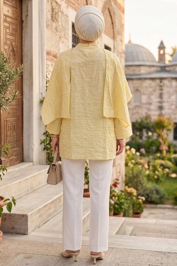 Şal Yaka Çizgili Tunik Sari - 28871-SARI - 3