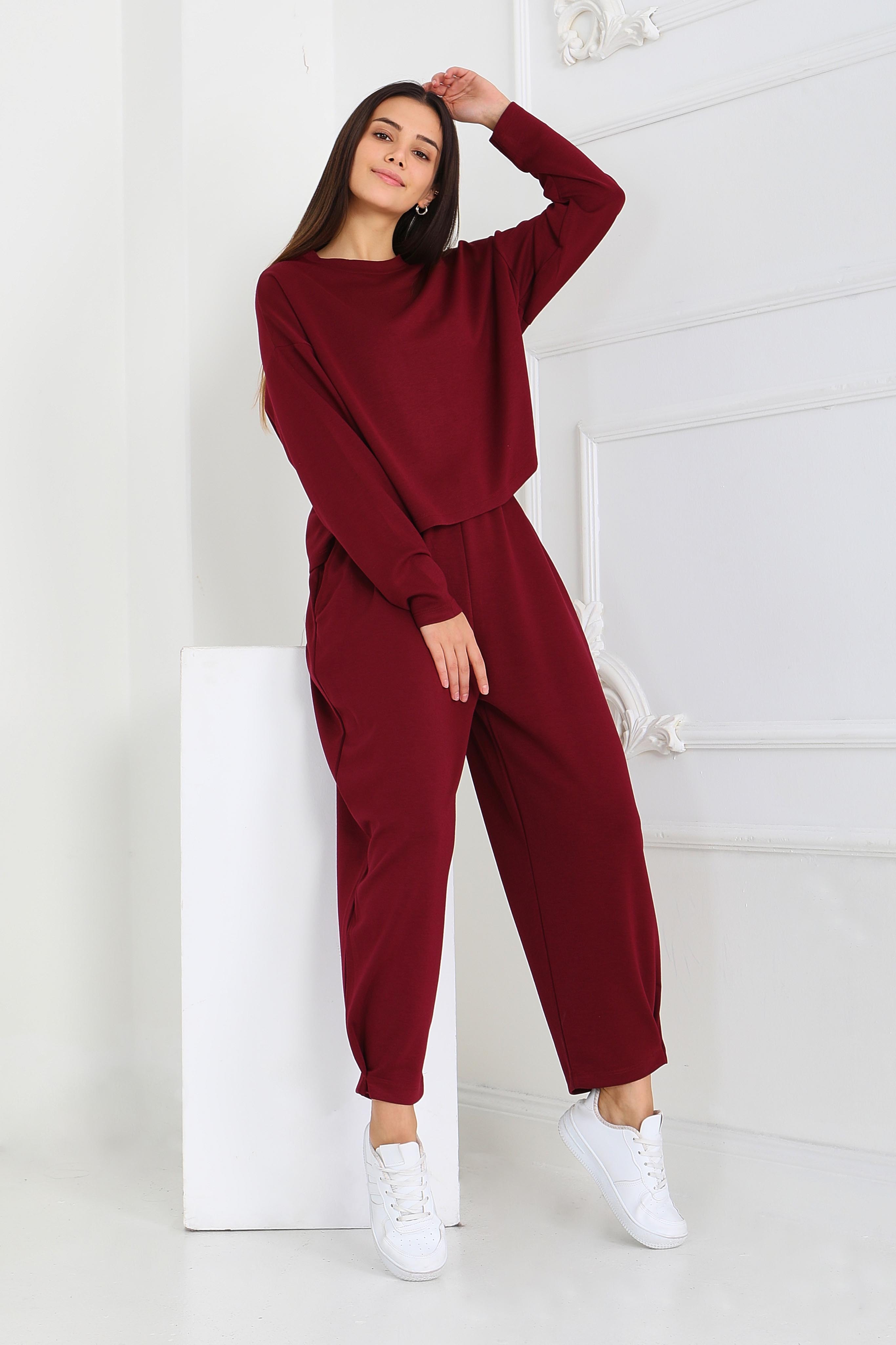 Şalvarlı Modal İkili Takım - 27869-BORDO - 1