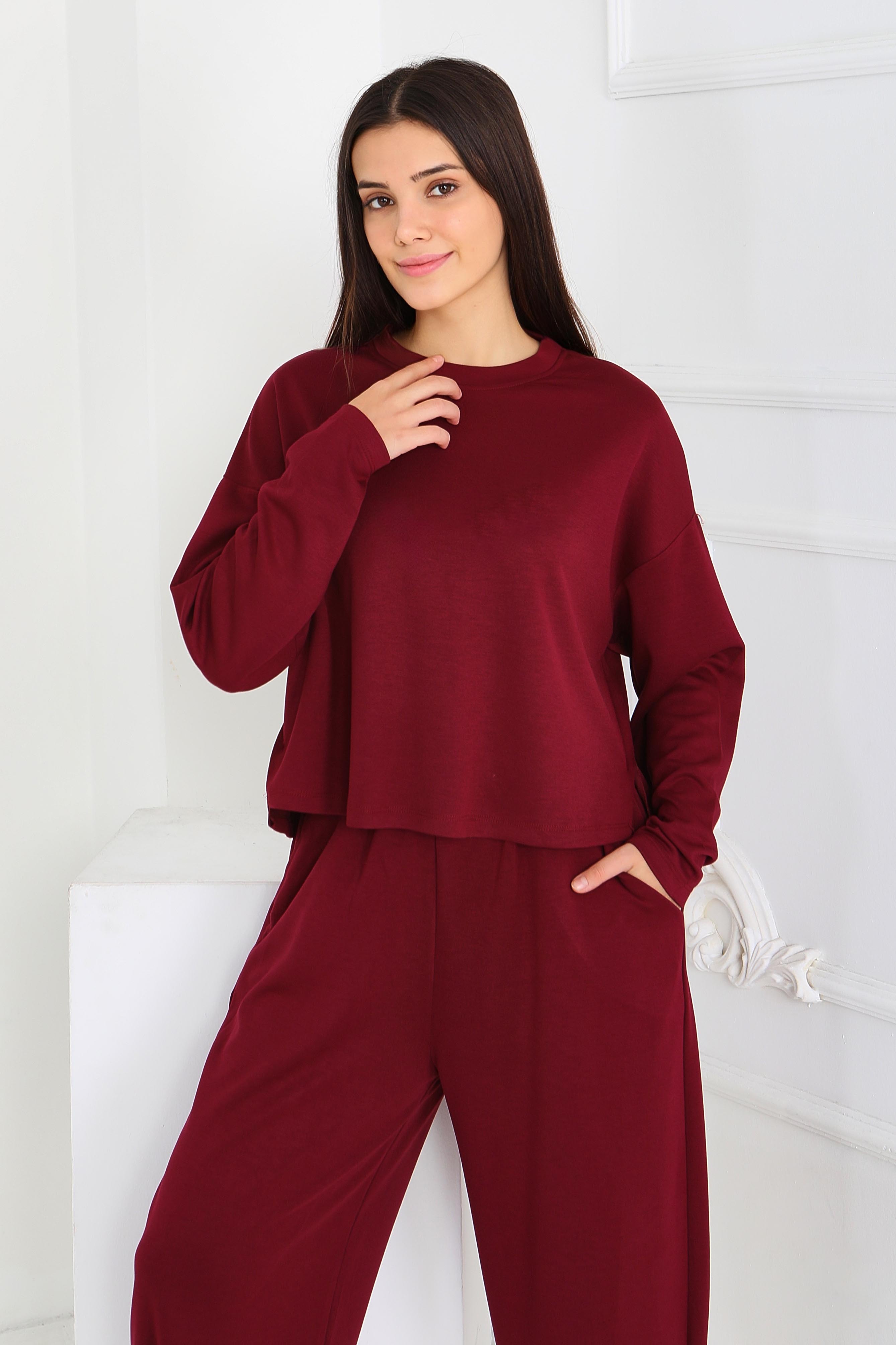 Şalvarlı Modal İkili Takım - 27869-BORDO - 3