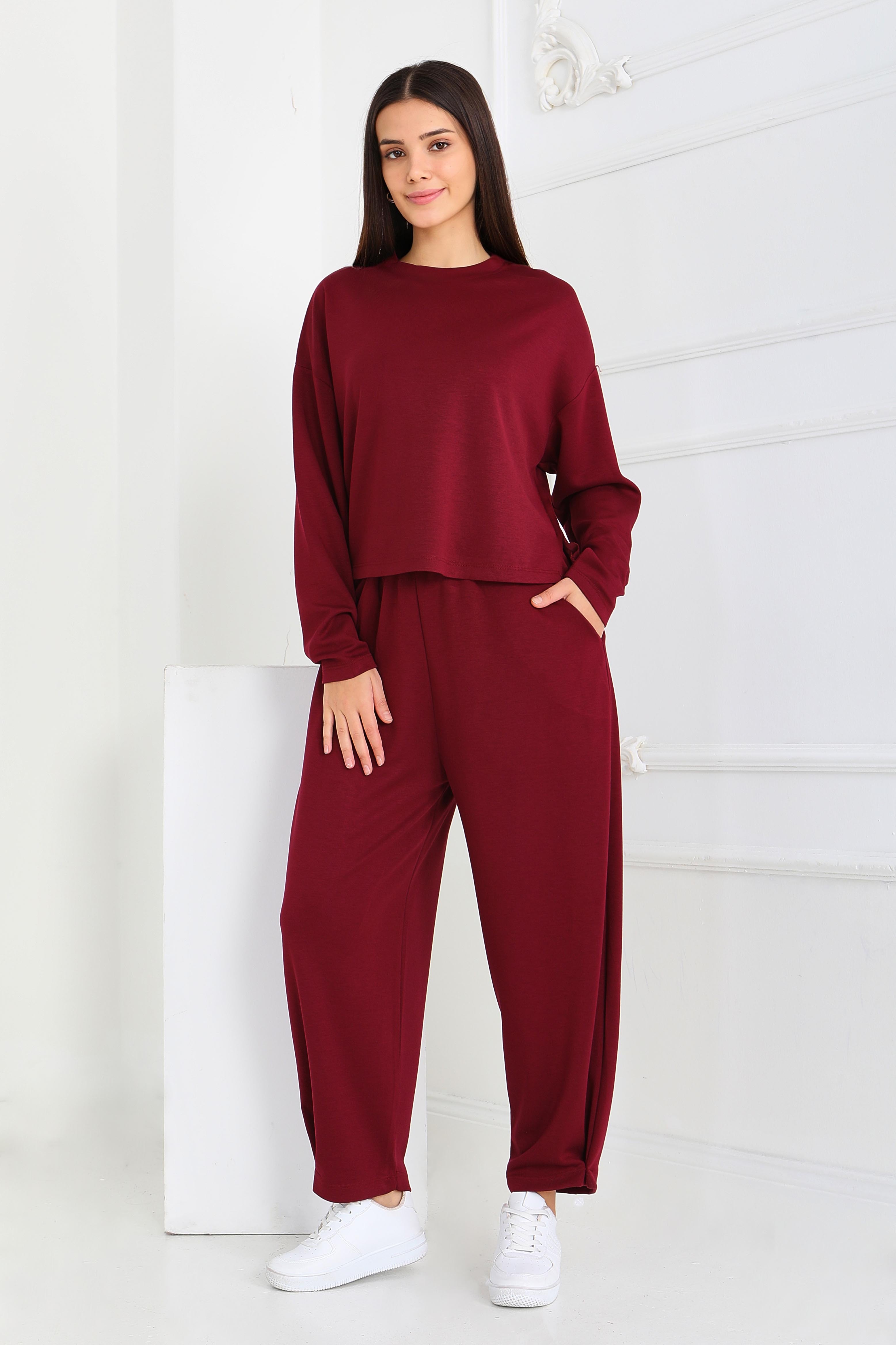 Şalvarlı Modal İkili Takım - 27869-BORDO - 4