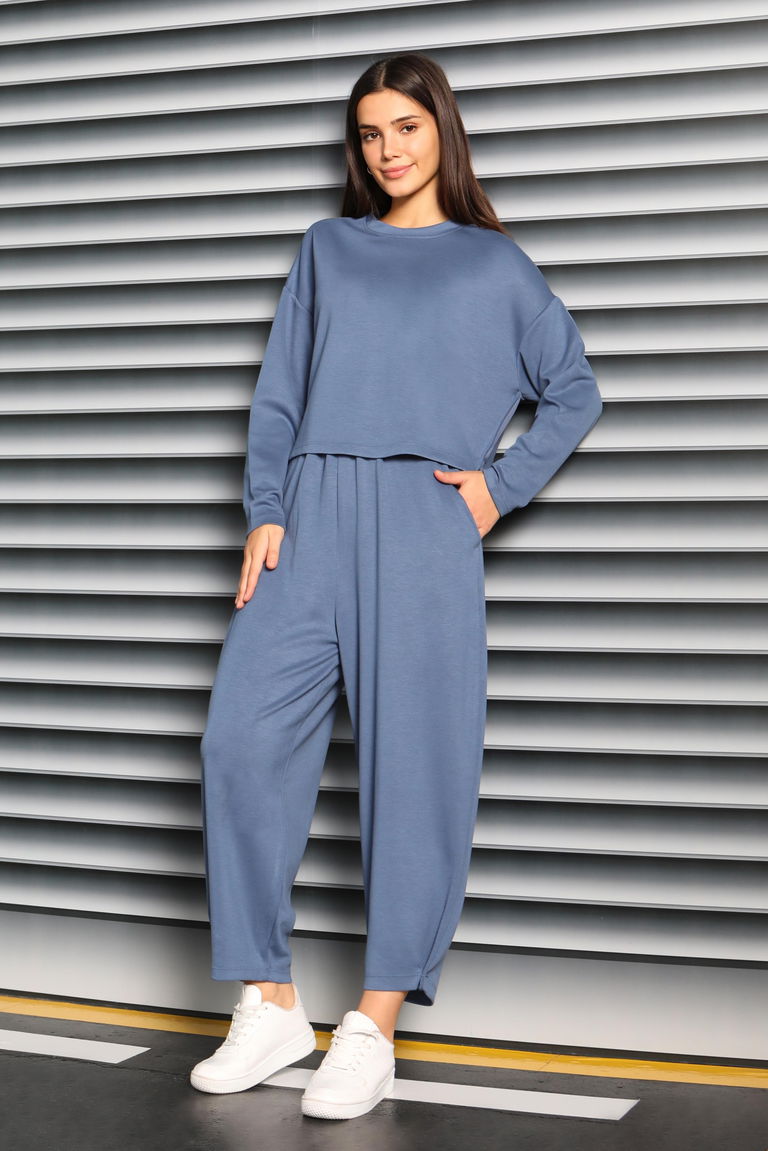 Şalvarlı Modal İkili Takım - 27869-INDIGO - TOFİSA