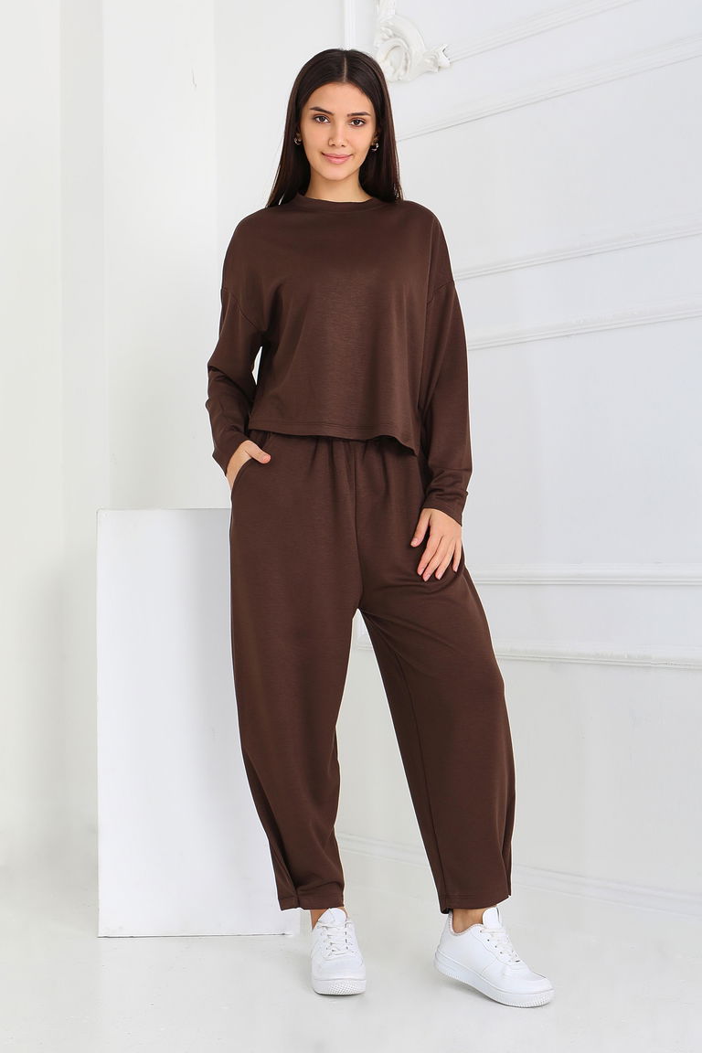 Şalvarlı Modal İkili Takım - 27869-KAHVE - TOFİSA