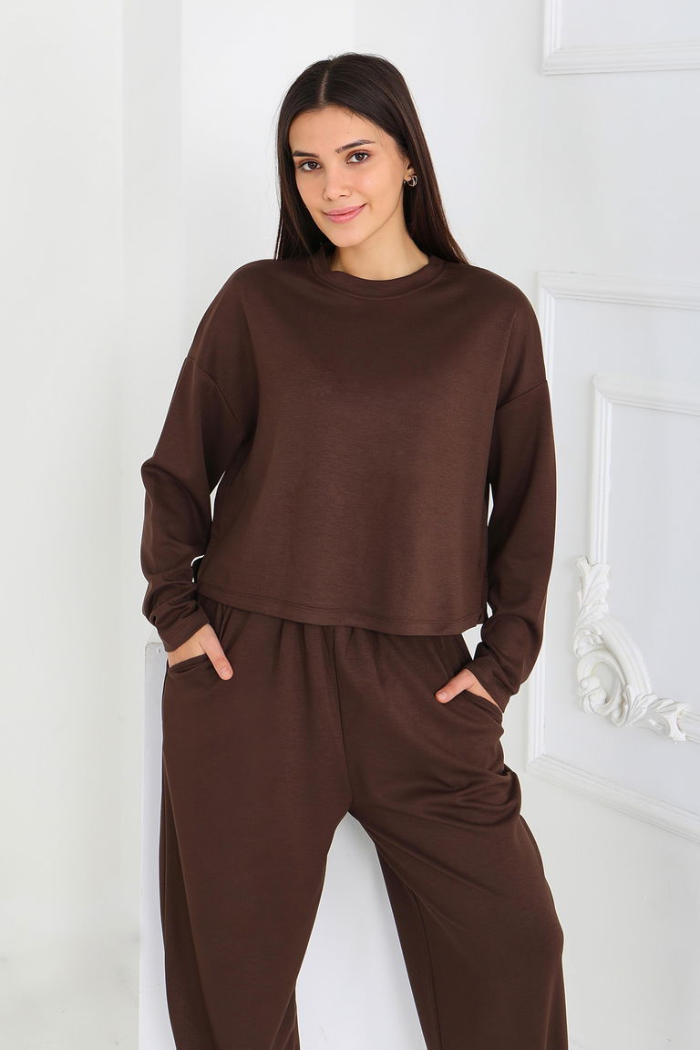 Şalvarlı Modal İkili Takım - 27869-KAHVE - TOFİSA