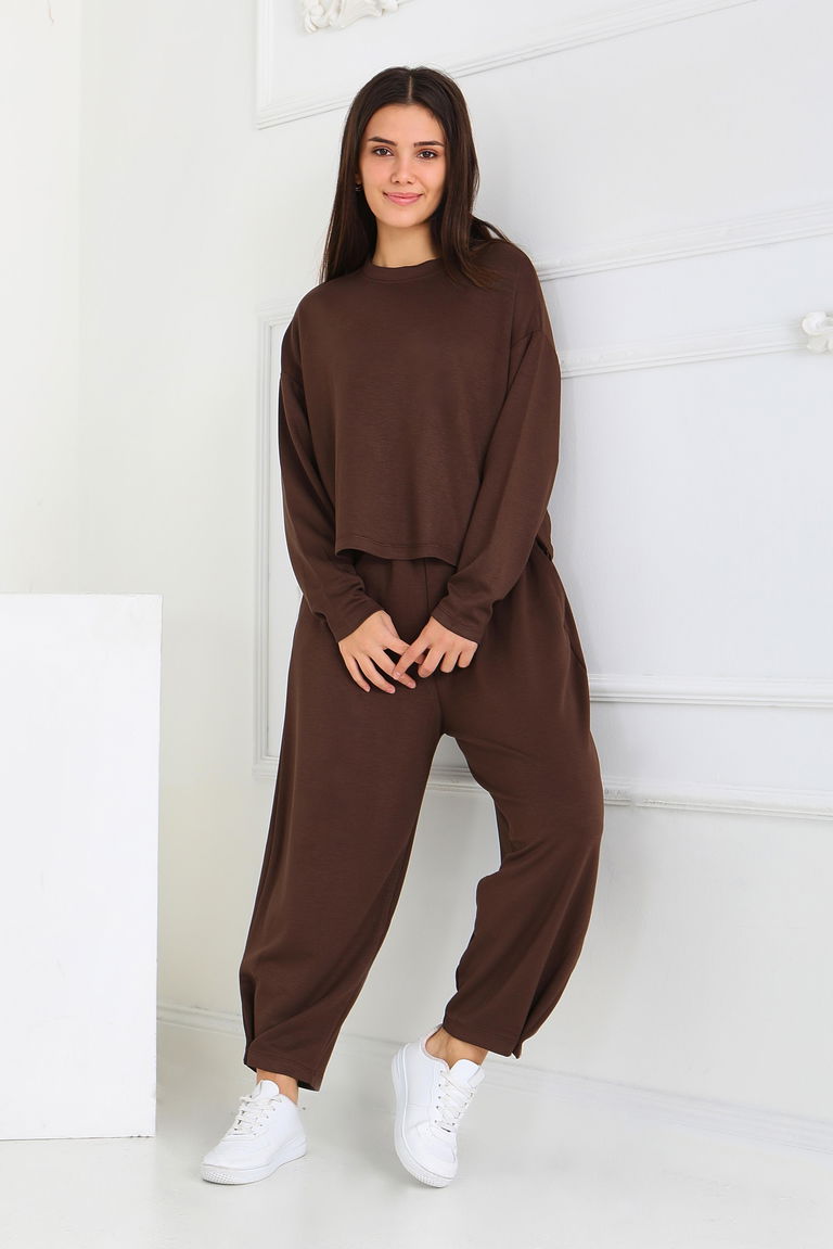 Şalvarlı Modal İkili Takım - 27869-KAHVE - TOFİSA