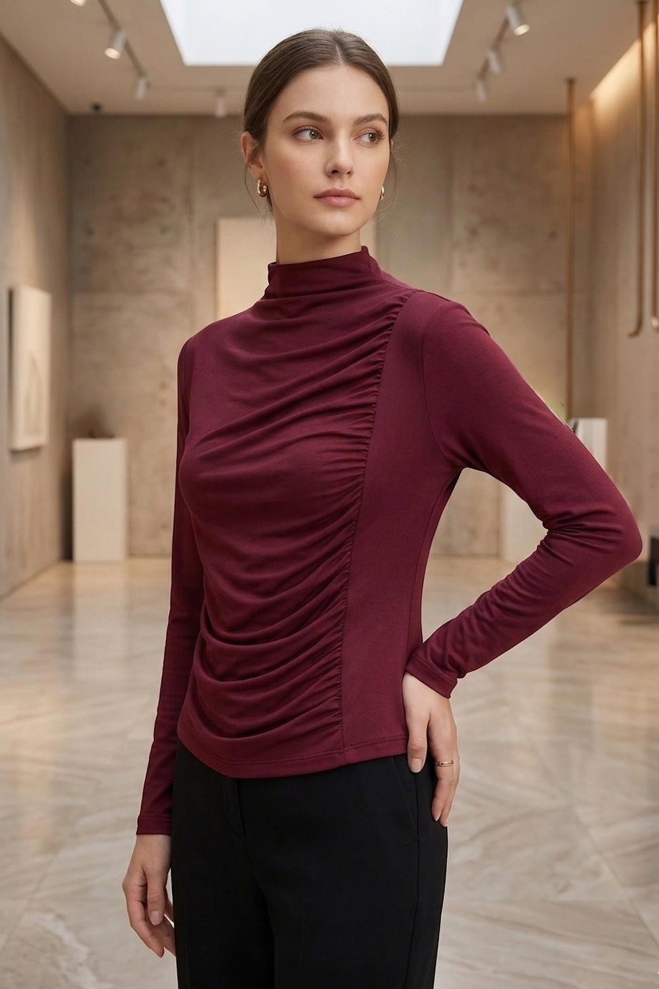 Sanday Önü Büzgülü Bluz Bordo - 28531-BORDO - 2