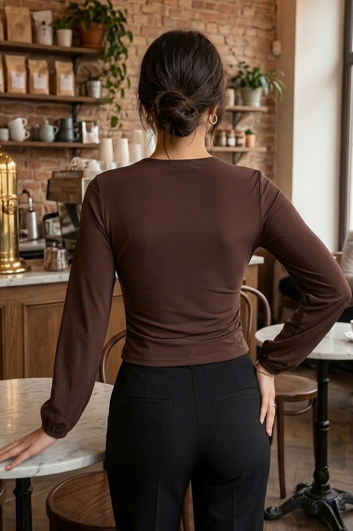Sanday Önü Büzgülü Bluz Kahve - 28529-KAHVE - 4