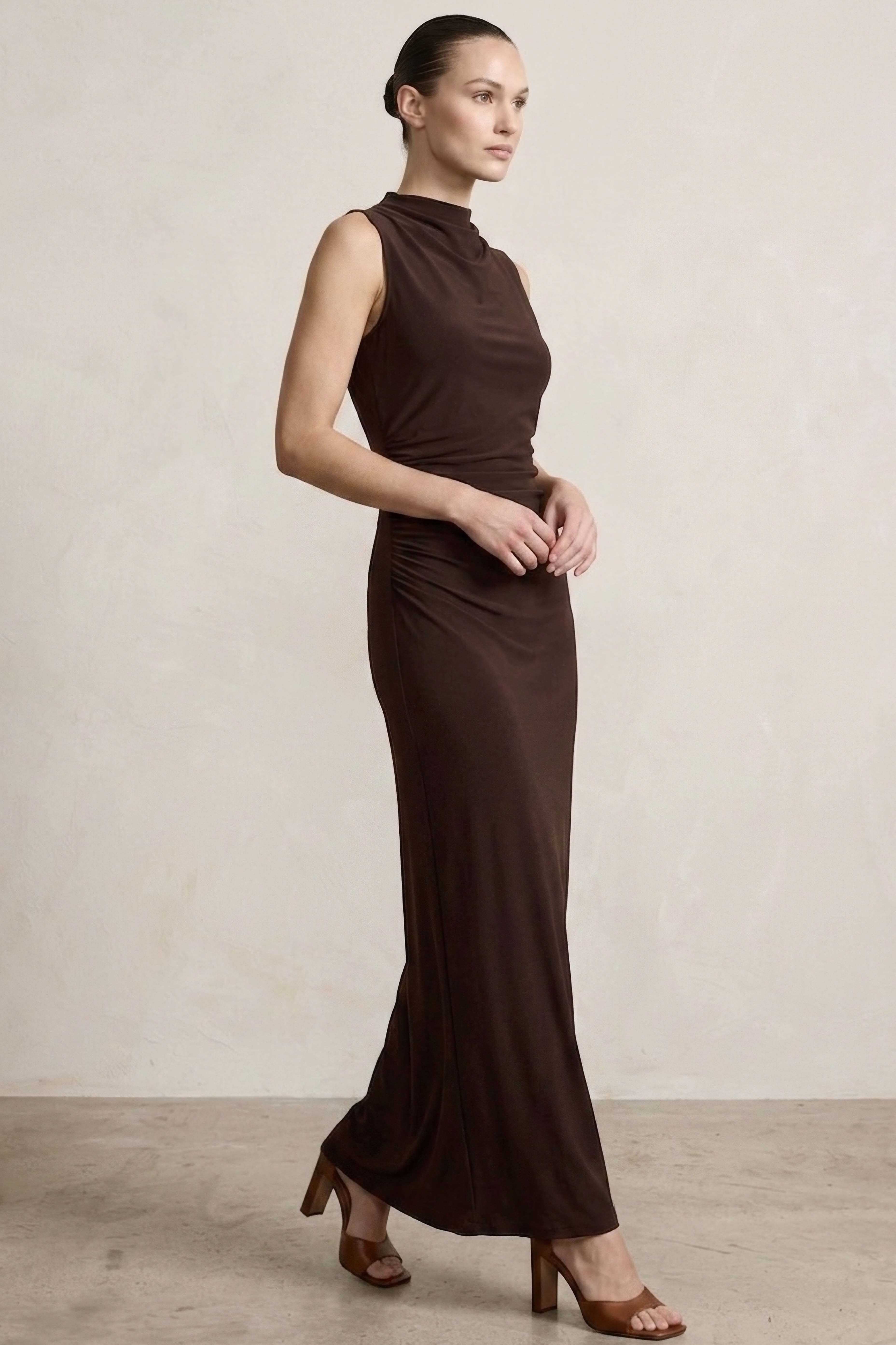 Sandy Sıfır Kol Elbise - 28423-KAHVE - 1
