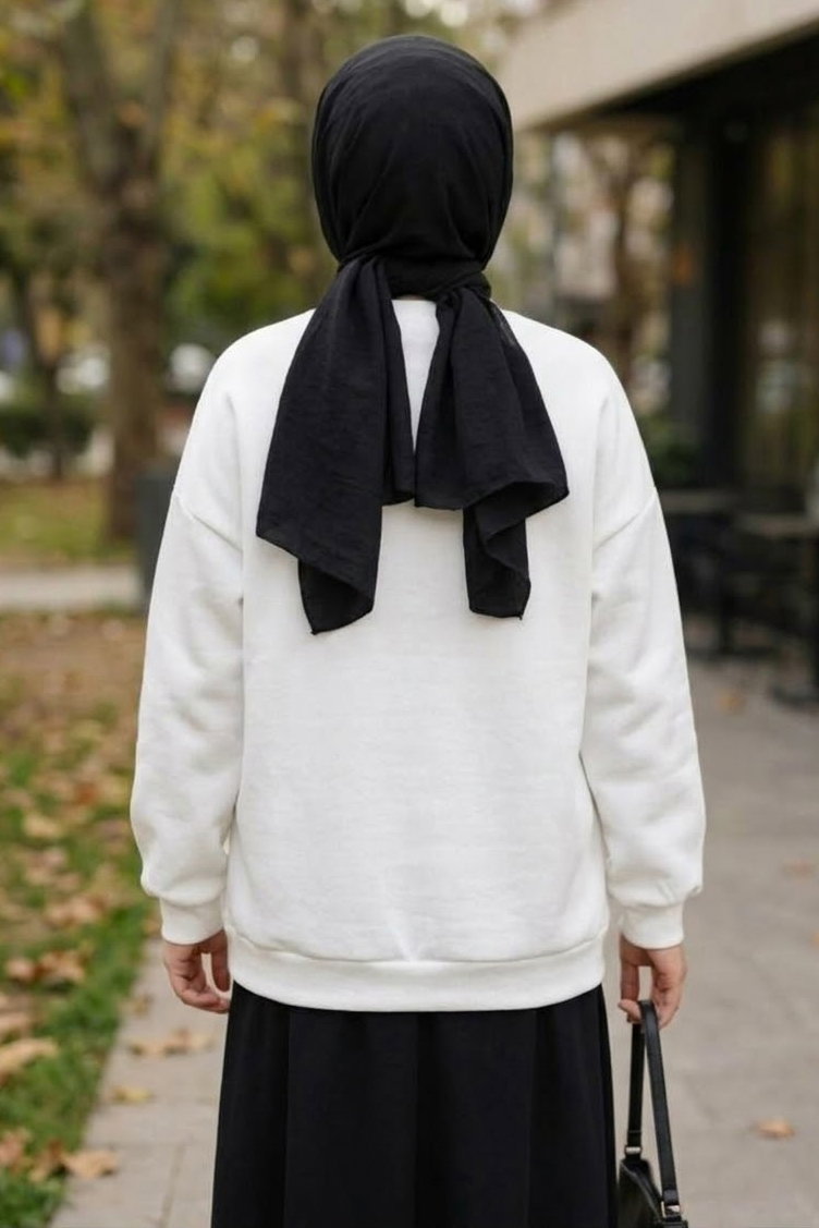Şardonlu Üç İplik Flarlı Sweat Beyaz - 29166-BEYAZ - 3