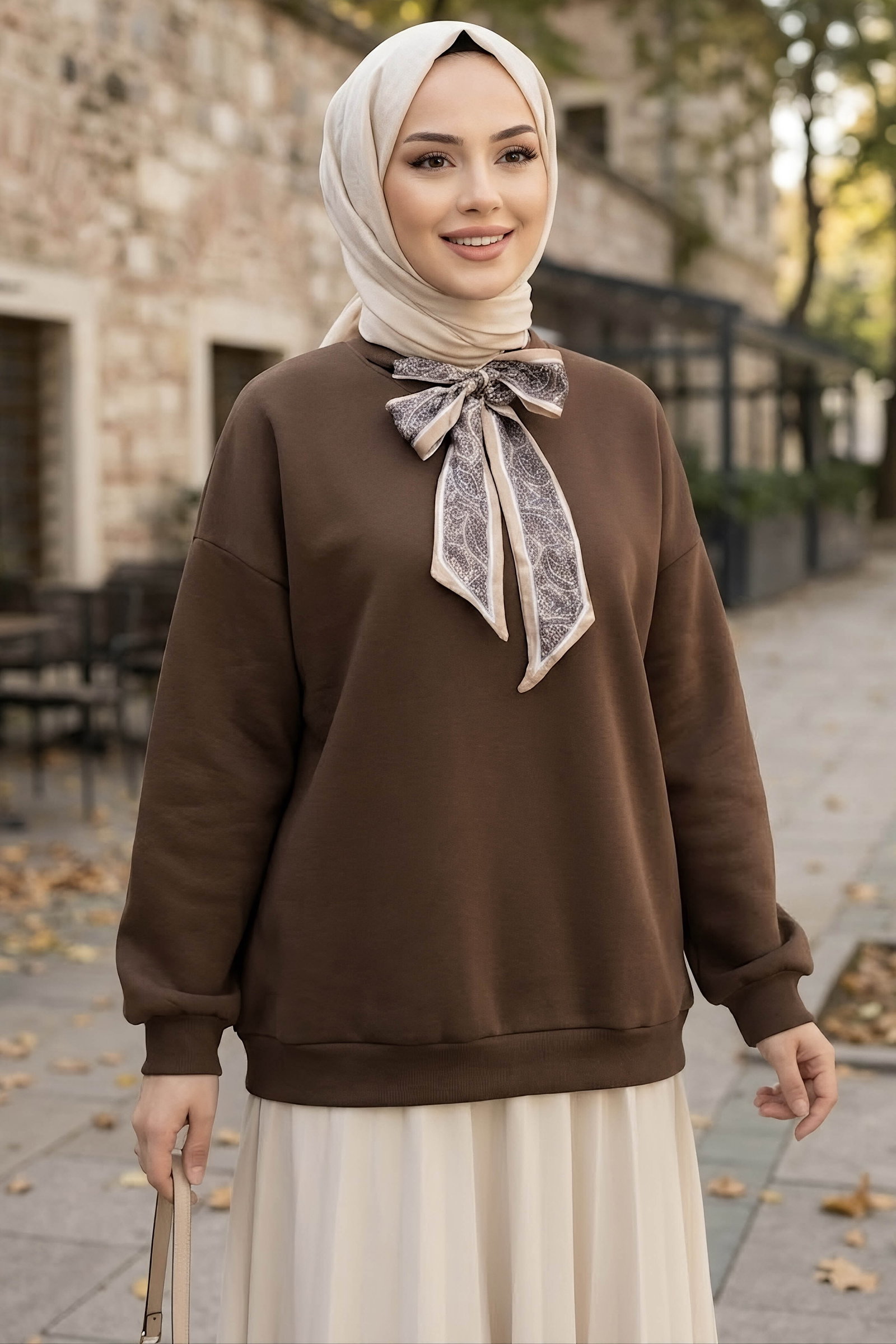 Şardonlu Üç İplik Flarlı Sweat Kahve - 29166-KAHVE - 1