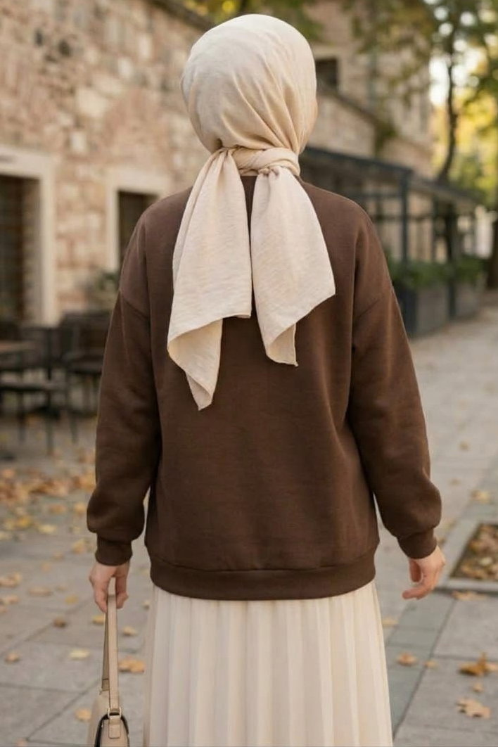 Şardonlu Üç İplik Flarlı Sweat Kahve - 29166-KAHVE - 3