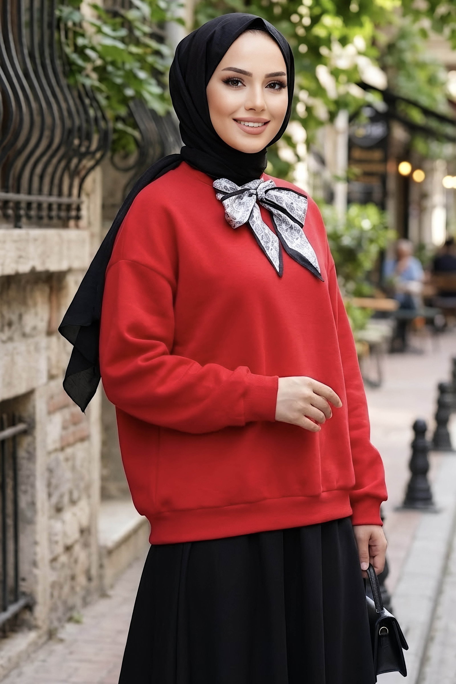 Şardonlu Üç İplik Flarlı Sweat Kirmizi - 29166-KIRMIZI - 2