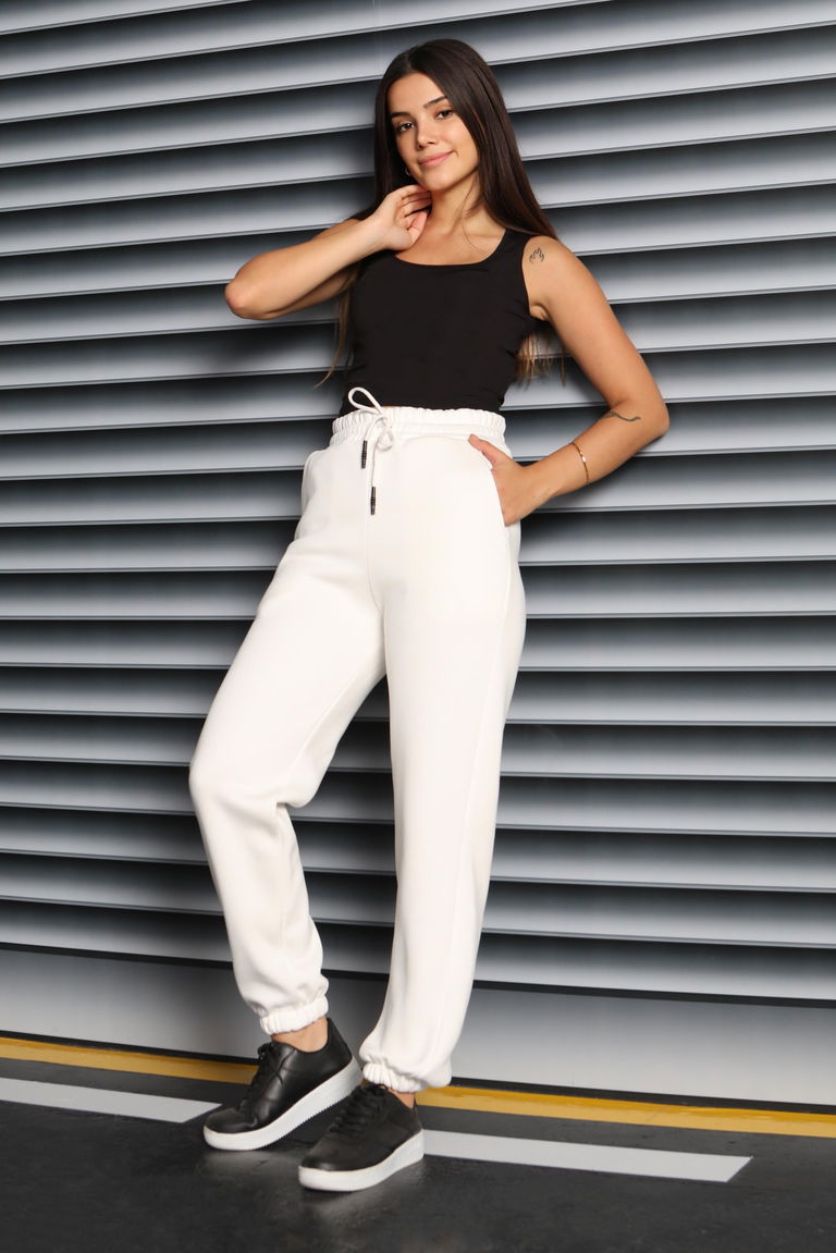 Şardonlu Üç İplik Lastikli Eşofman Altı - 27834-BEYAZ - TOFİSA