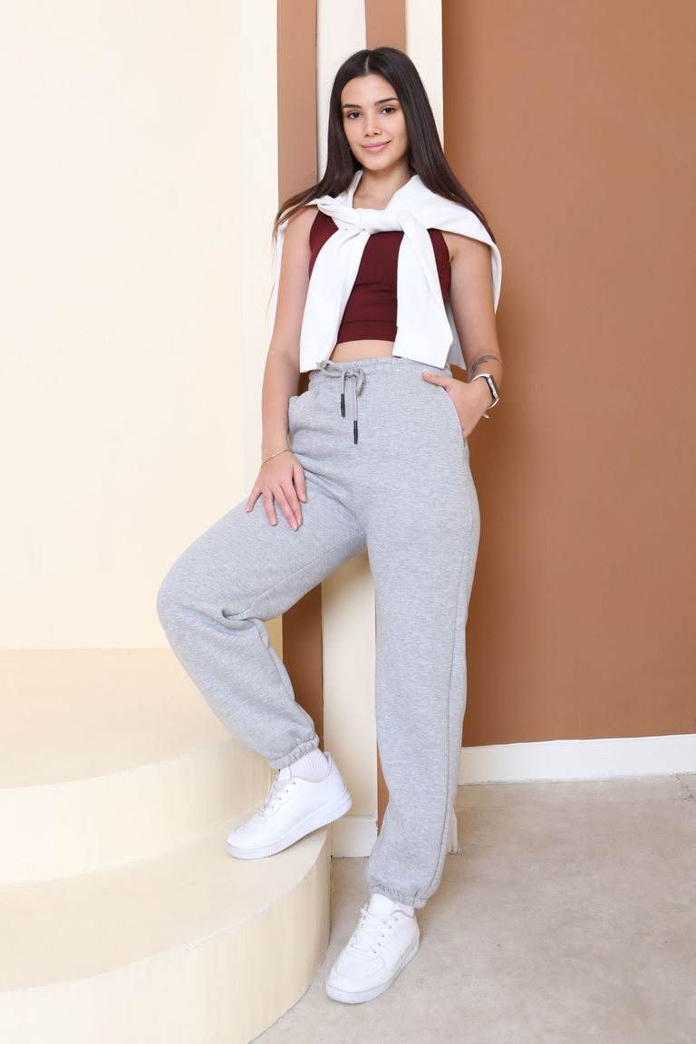 Şardonlu Üç İplik Lastikli Eşofman Altı - 27834-GRI - TOFİSA